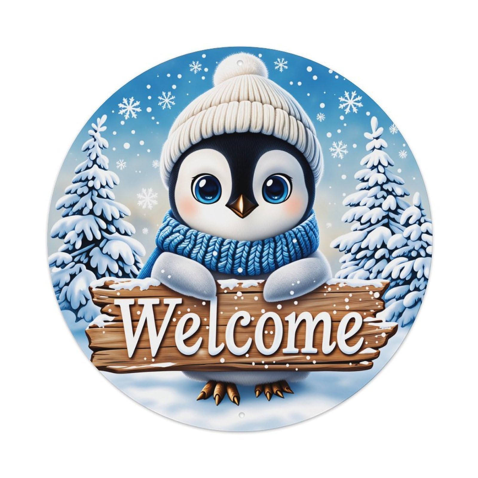 Penguin Winter Welcome Sign Snowflake Round Tin Sign Vintage Metal Poster Retro Bar, Home, Man Cave, Kitchen, Laundry Room Wall Art Decor Gift 8x8In