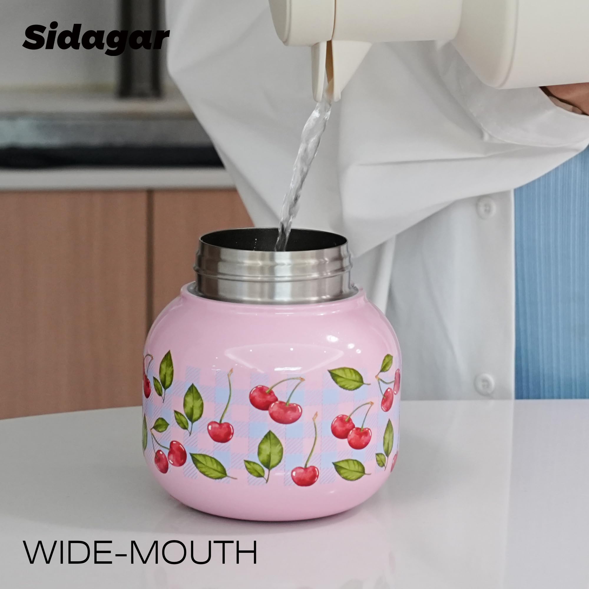 Sidagar Vaso de 22 onzas con popote y asa de transporte, botella de agua de viaje de acero inoxidable con aislamiento de boca ancha para mujer, fácil de llevar, cereza rosa