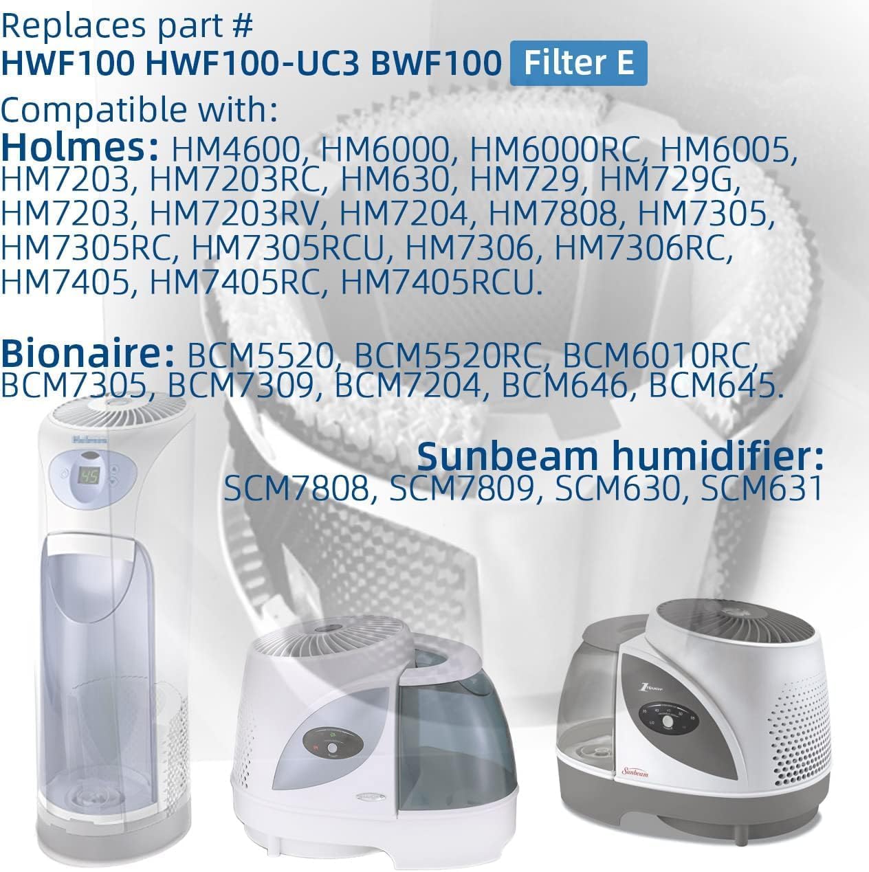 HUAWELL 10 Pack Humidifier Filter HWF100 Replacement Wick Filter E BWF100 Compatible with Holmes Bionaire Sunbeam HM6000 HM6000RC HM6005 BCM7305 BCM7309 BCM7204 SCM7808 SCM7809 Humidifier (10)