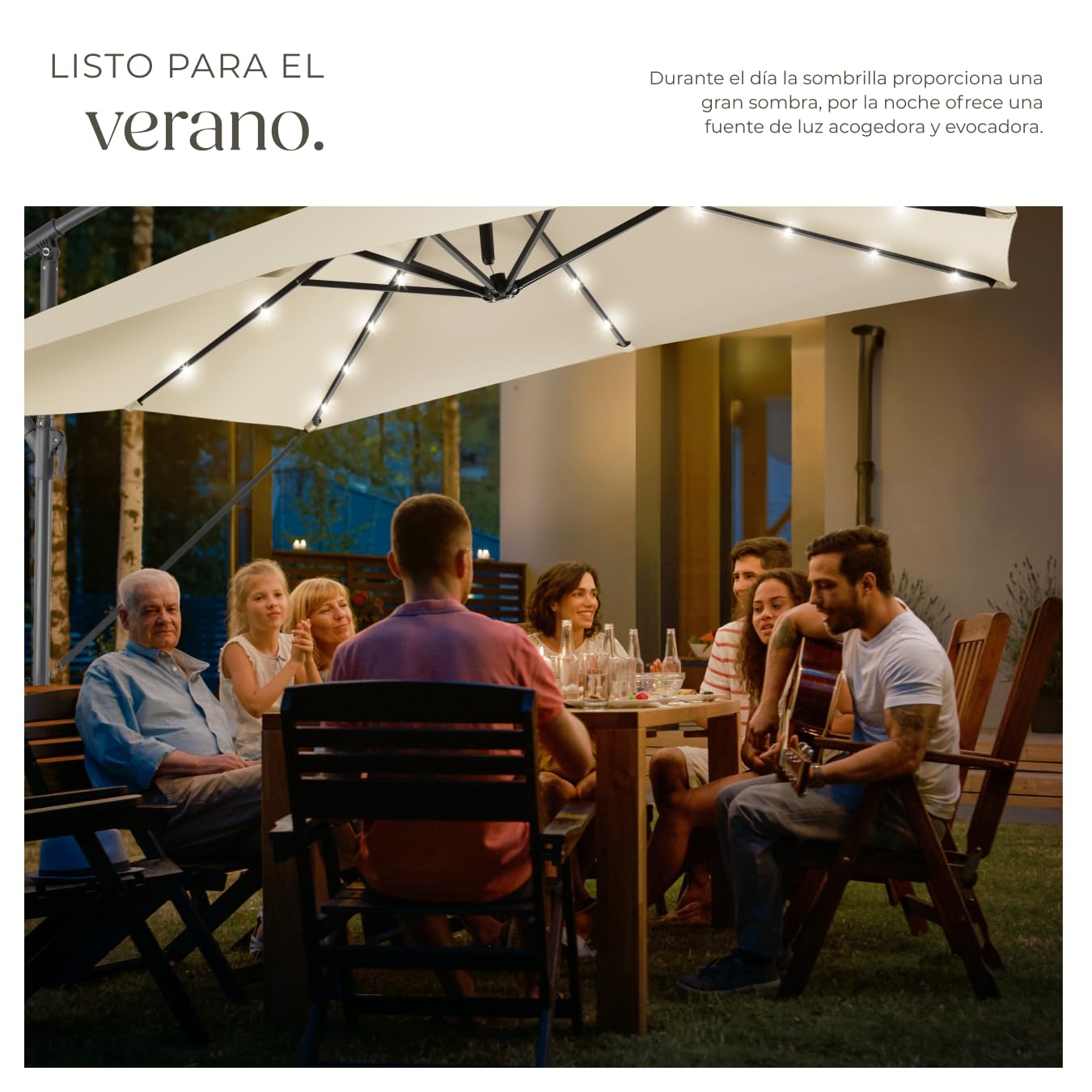 TecTake® Sombrilla Terraza Exterior con Iluminación Solar LED, Sombrilla Playa con Manivela Manual e Inclinación Ajustable, Sombrilla Jardín, Parasol Terraza, Ø250cm, con Funda Protectora