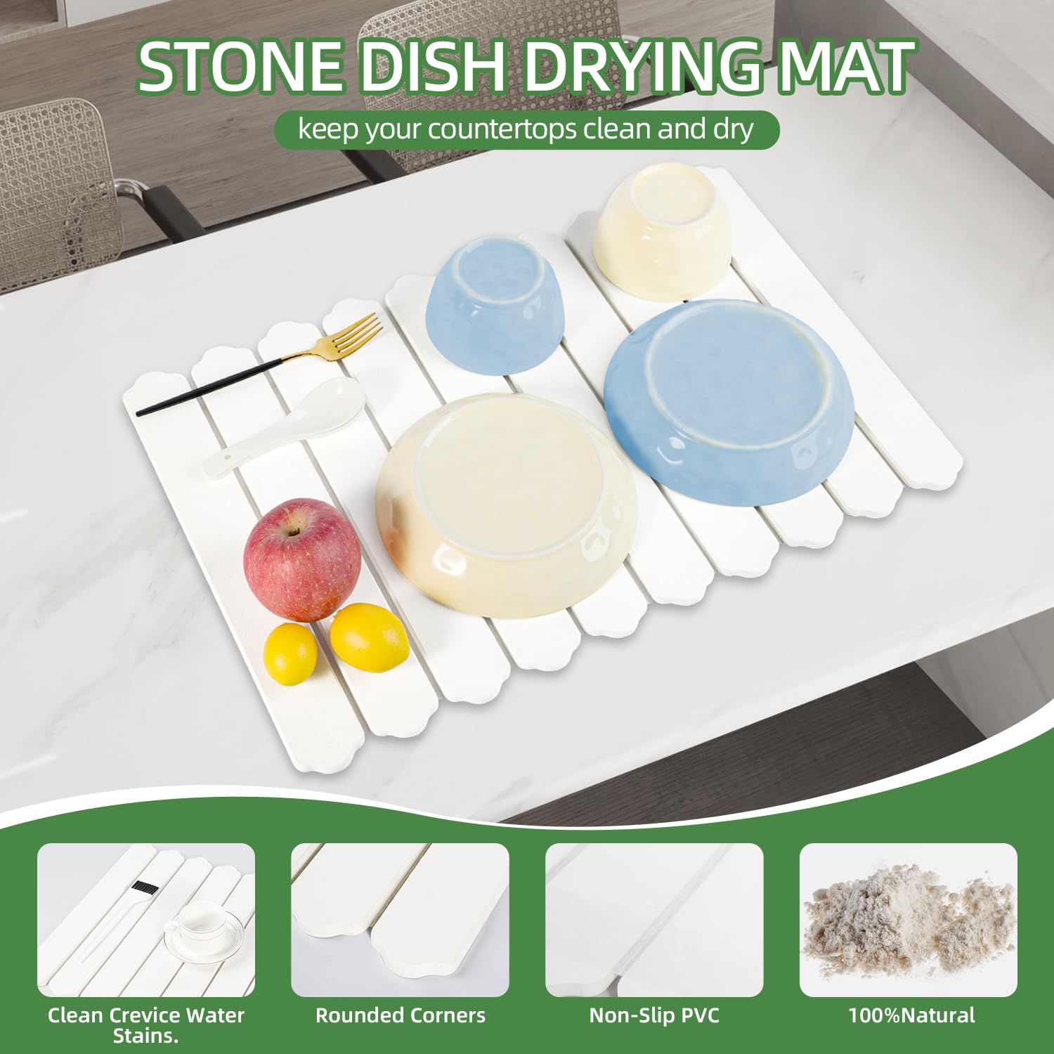 Large Stone Dish Drying Mat for Kitchen Counter,24"(L)×16"(W) Quick Dry Collapsible Dish Drying Mat,Eco-Friendly Diatomaceous Earth Mats for Dishes Bottles Cups,Match Any Countertop, White