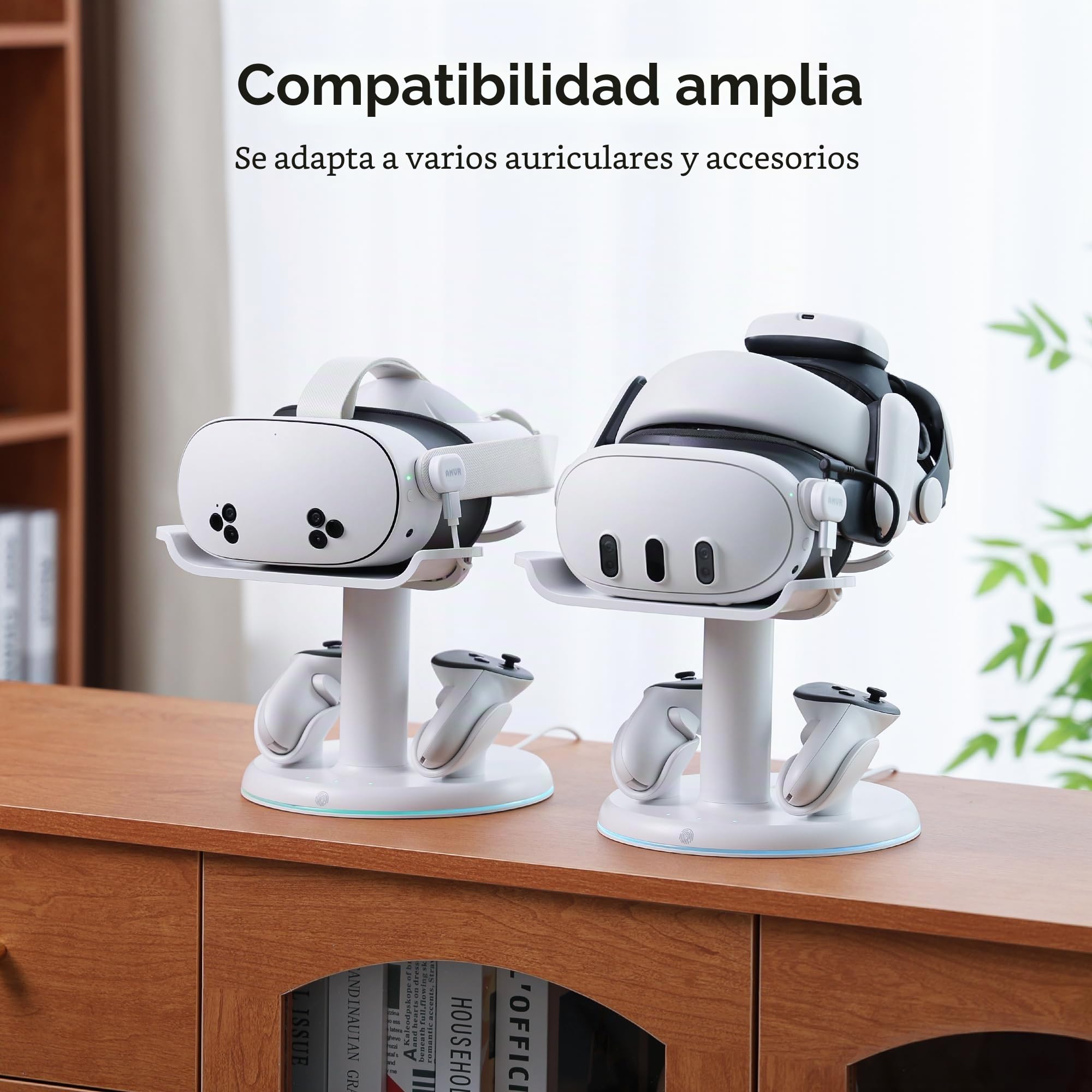 AMVR Estación de Carga Magnética para Meta Quest 3/3S | Soporte VR RGB, 2 Baterías de Mando, Protección de Sobrecarga, Ahorro de Espacio, Sin Adaptador