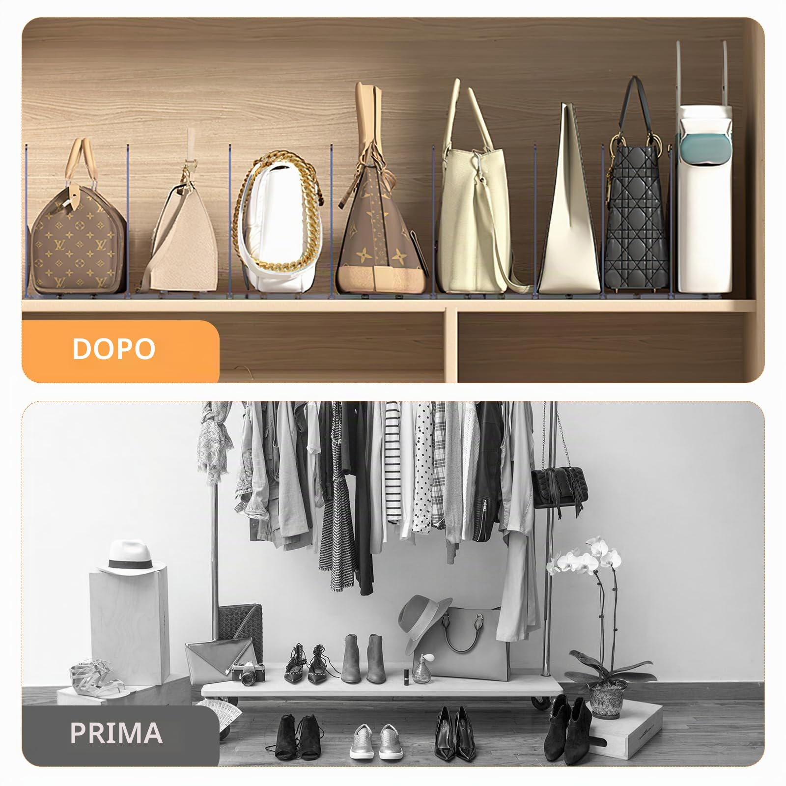 8 Pezzi Divisori Per Armadio Porta Borse Organizer Rimovibile E Regolabile Trasparente Mensole Interno Borse, Vestiti, Scarpe, Con Base