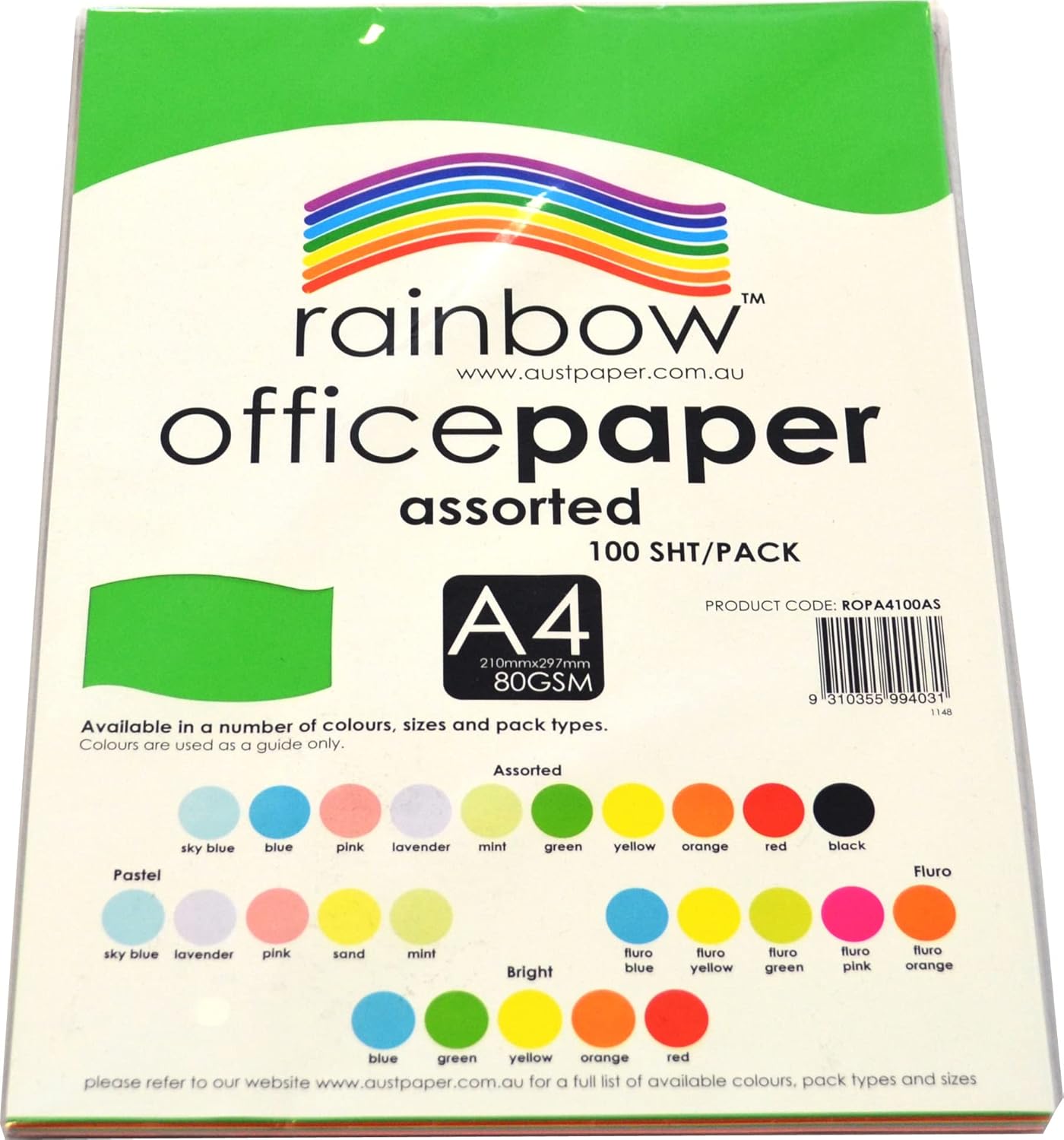 Rainbow A4 80Gsm Office Paper 100 Sheets, Bright Assorted