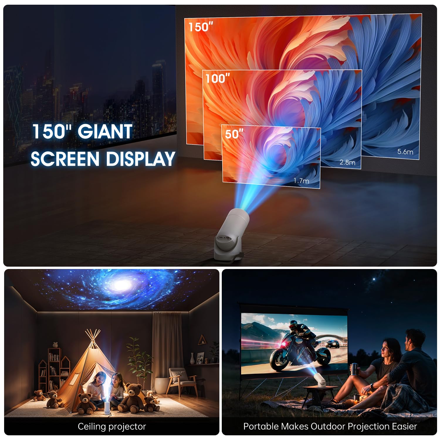 Mini Projector with WiFi and Bluetooth, Portable Projector Full HD 4K Support with 180° Rotation Adjustment, 8000 Lumen, 130 ANSI Lumens, Auto Keystone Correction, Home Projector for Phone — view 8