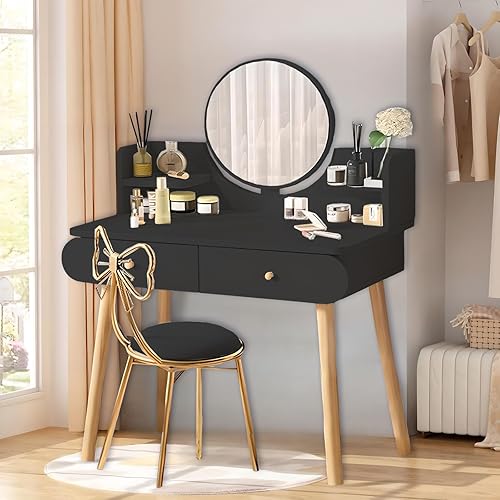 Juego de mesa de tocador de maquillaje con espejo, tablero de fibra de densidad media, moderno escritorio de maquillaje con 2 cajones y 2 estantes,