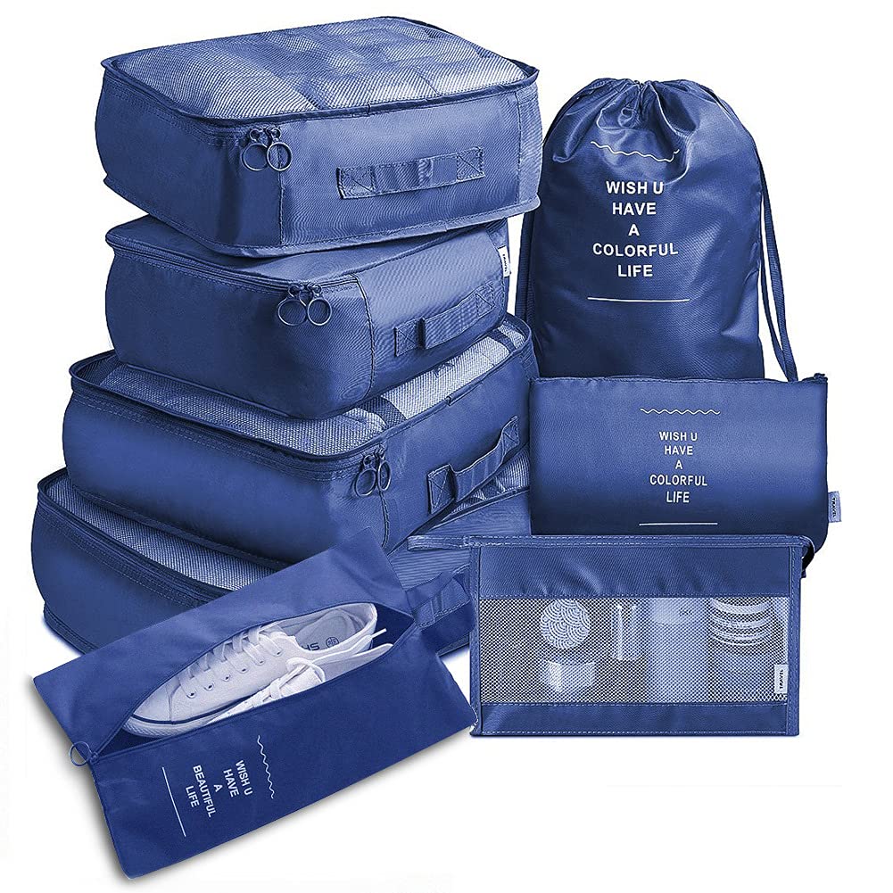 Toifucos Navy Blue Travel Packing Cubes, Multifunction 8Pcs/Set Luggage Organiser Compression Suitcase Essential Bag,