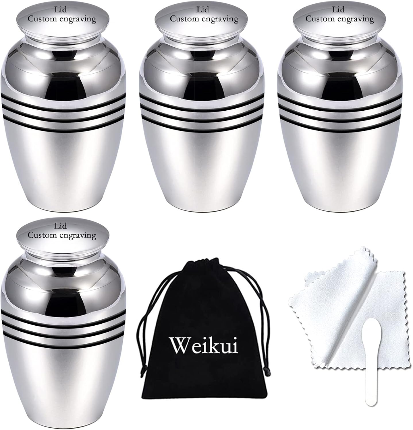 Silver Beautiful Small Mini Keepsake Urn for Human or Pet Ashes, Set of 4, Hard Metal Cremation Urns, Mini Funeral Urns, with 4 Velvet Bags (4Pcs urn-Customize)