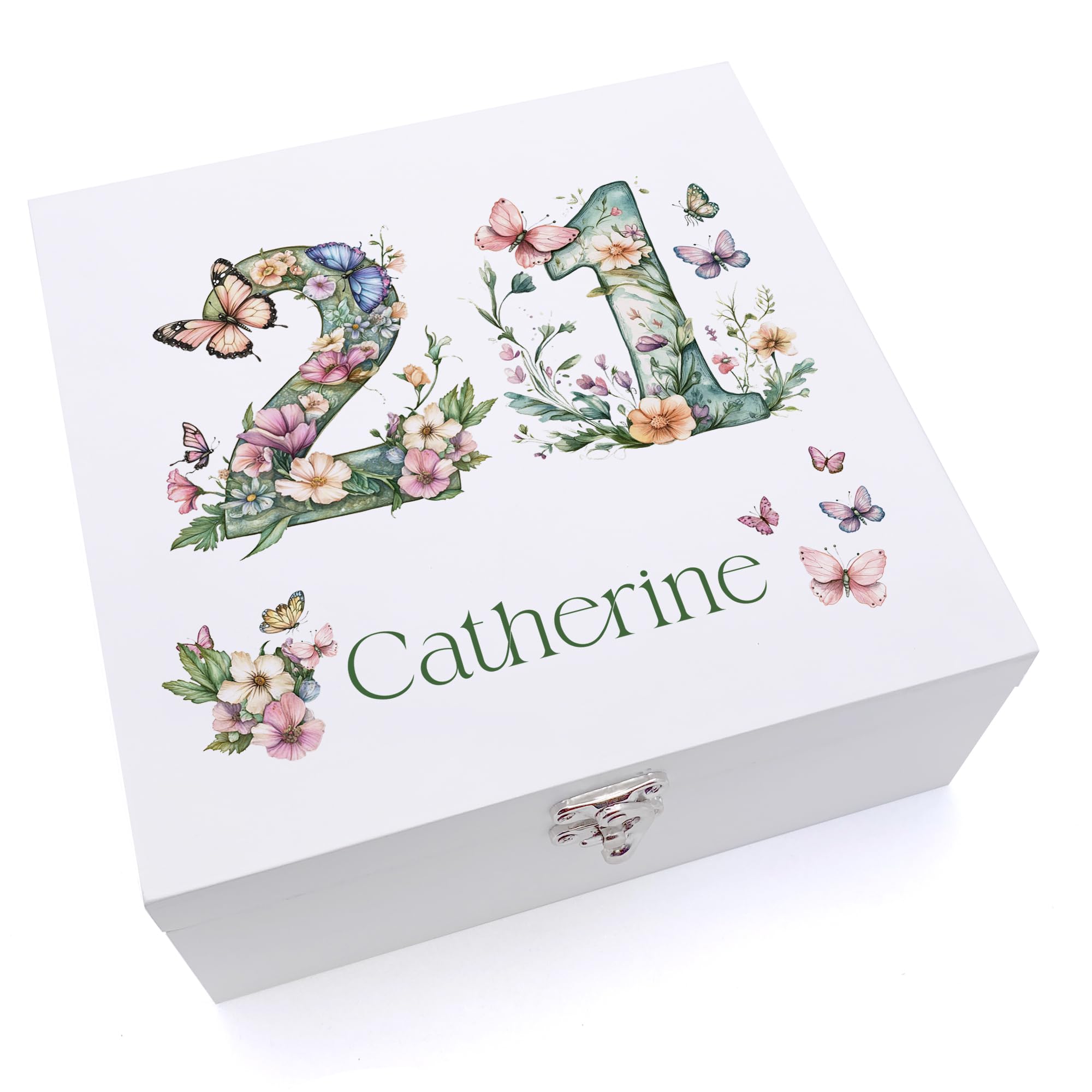 ukgiftstoreonline Personalised 21st Birthday Memory Box, Floral and Butterfly Design, Wood or Ribbon Material, Keepsake Gift (Wood Box, Medium)