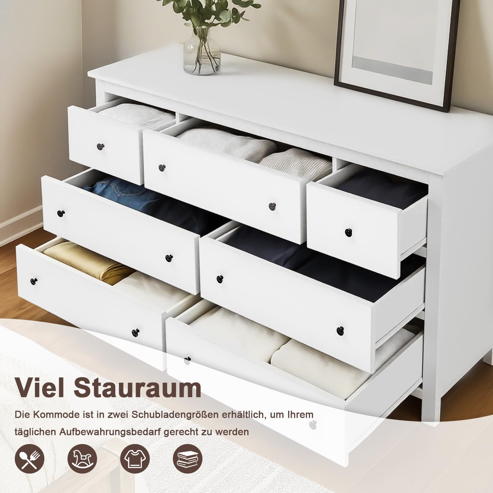 Comò bianco, 152x40x89 cm, credenza con 7 cassetti, armadio da cucina, credenza per buffet, armadio per la conservazione per soggiorno, camera da letto e ingresso (Bianco, A)