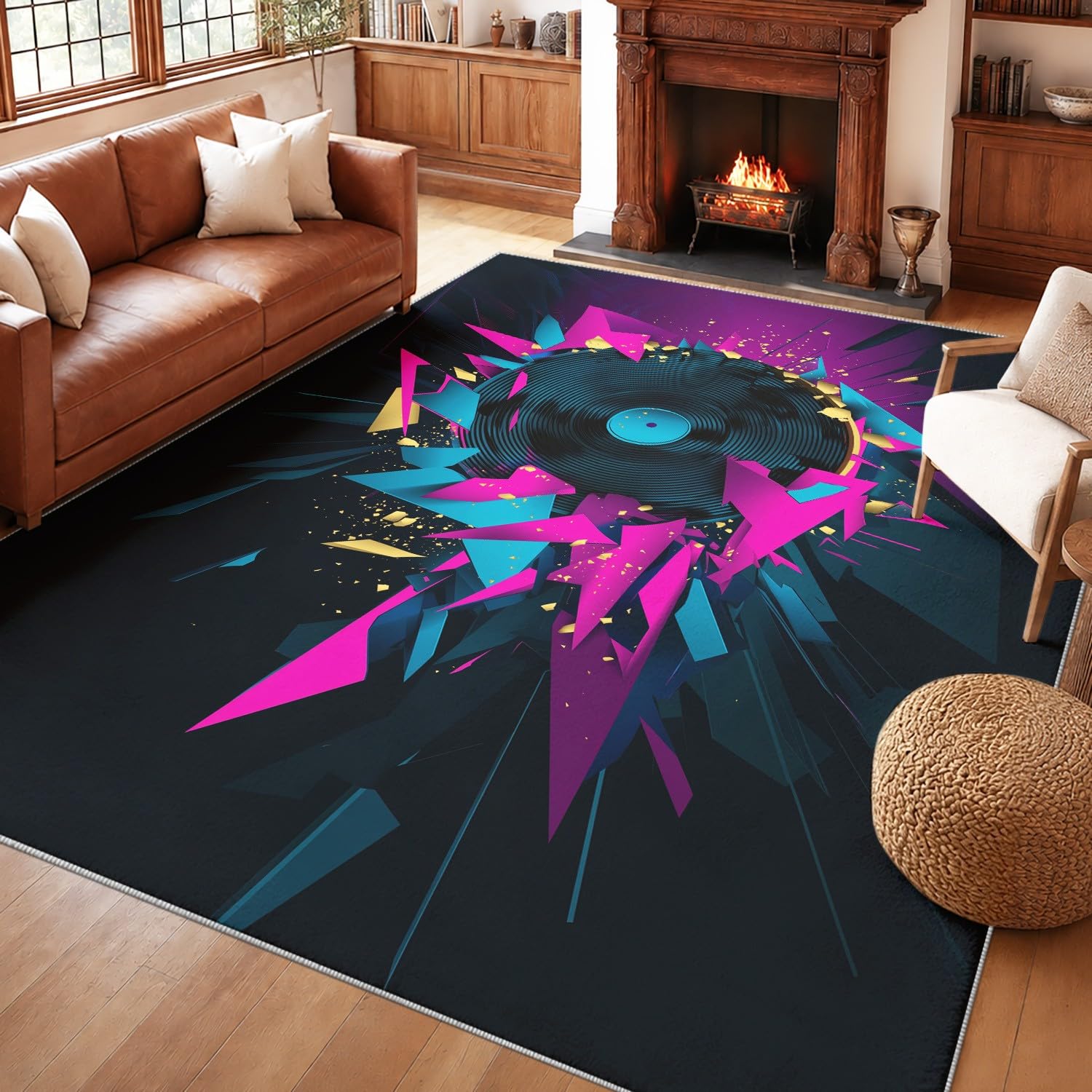 Tappeto lavabile per soggiorno, musica futuristica, antiscivolo, tecnologia con frammenti di dischi in vinile, a pelo corto, per camera da letto, sala da pranzo e cucina, in morbida microfibra, 120 x