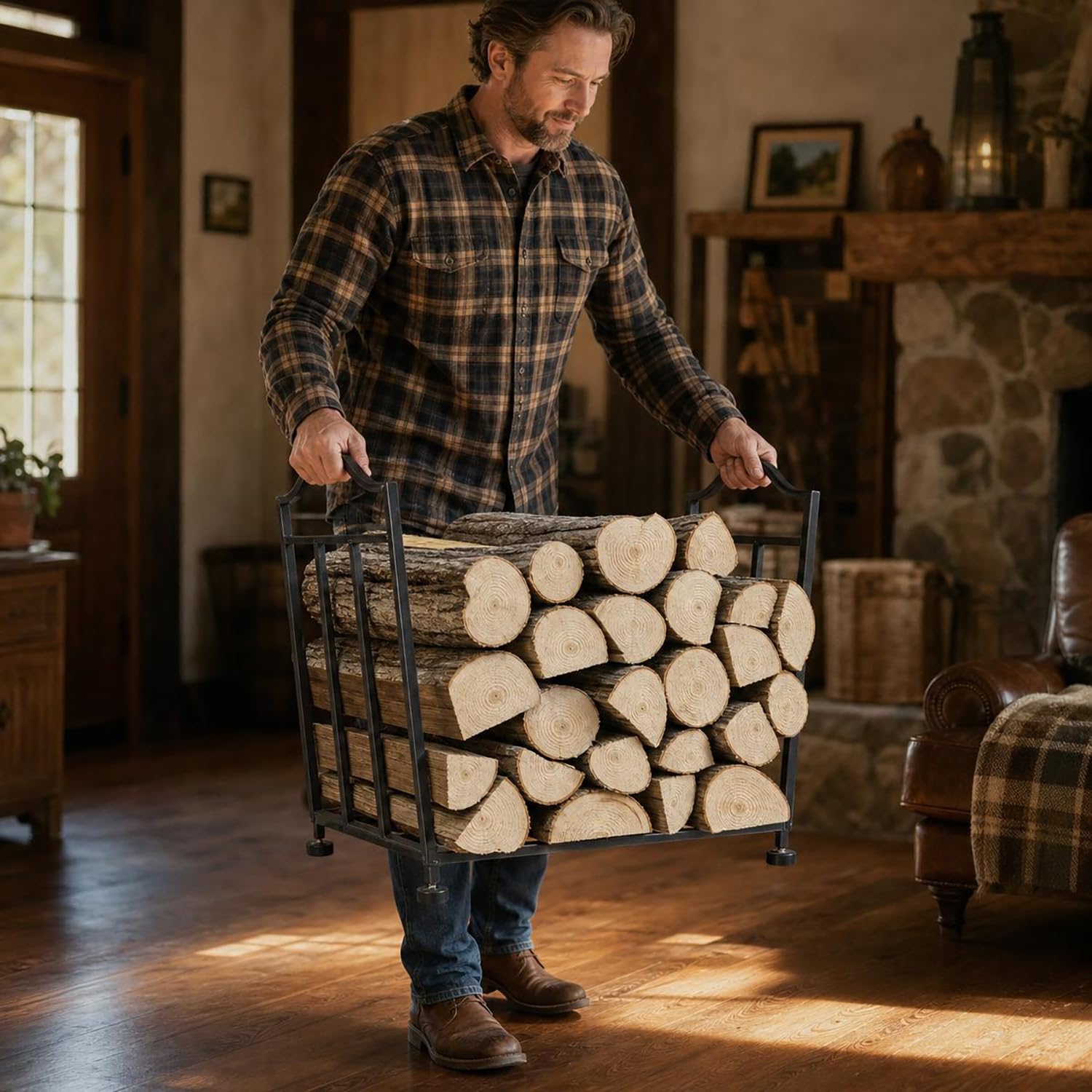 Firewood Basket,Heavy Indoor Fireplace Log Holder w/Curved Handles