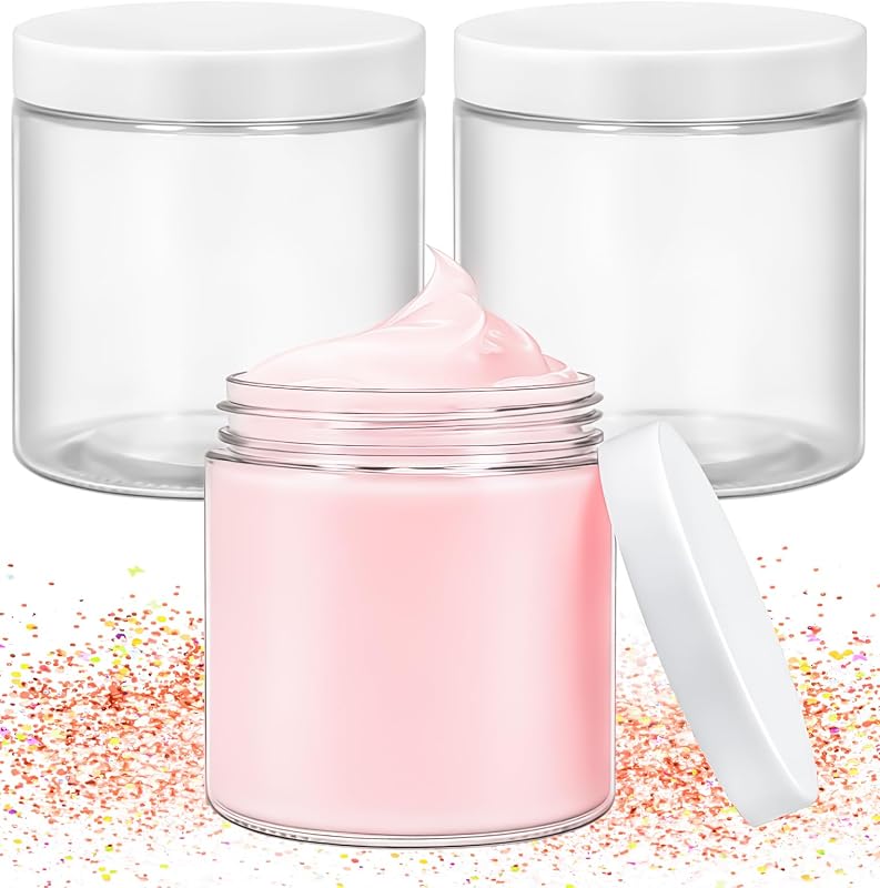MotBach Frascos Redondos de Vidro Transparente com Tampas Brancas, 480 mL, Pacote com 3