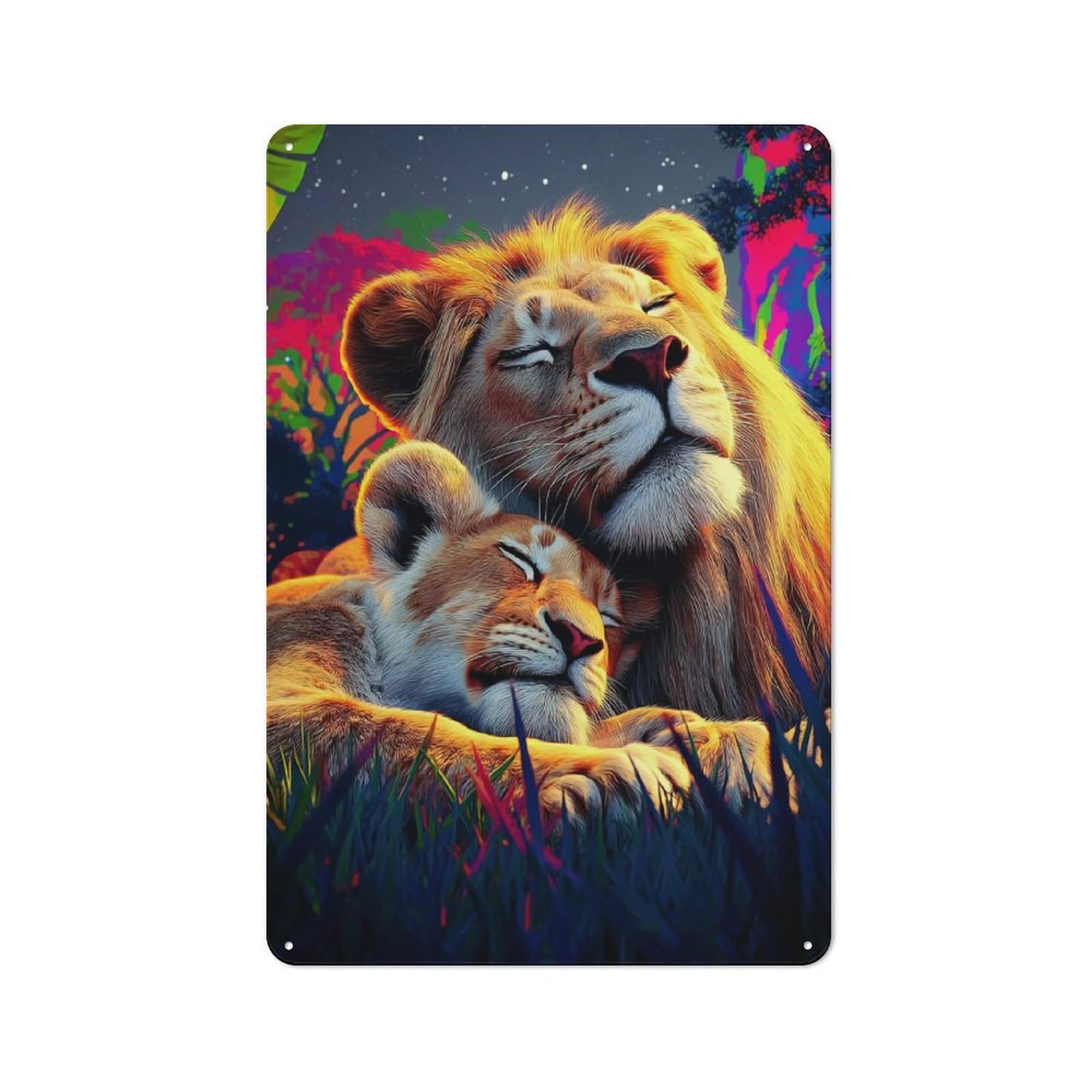 Junmoney Sleeping Lions In Vibrant Colors Creative Metal Wall Decor 30X20cm, Metal Desk Wall Sign For Hobby Room, Office, Lounge Or Living Room
