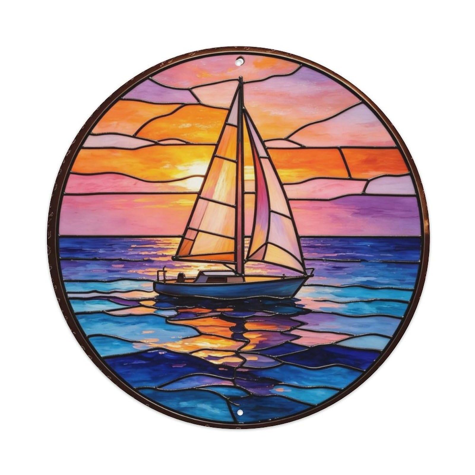 Sailboat Calm Ocean Sunset Stained Glass Metal Tin Sign Plaque