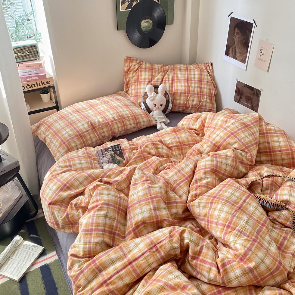 Image of EAVD Vintage Style Gingham Duvet Cover Queen Soft 100% Washed Cotton Bedding Set with Colorful Grid Checkered Reversible Plaid Bedding Set for Men Women Retro Plaid Duvet Cover with Zipper