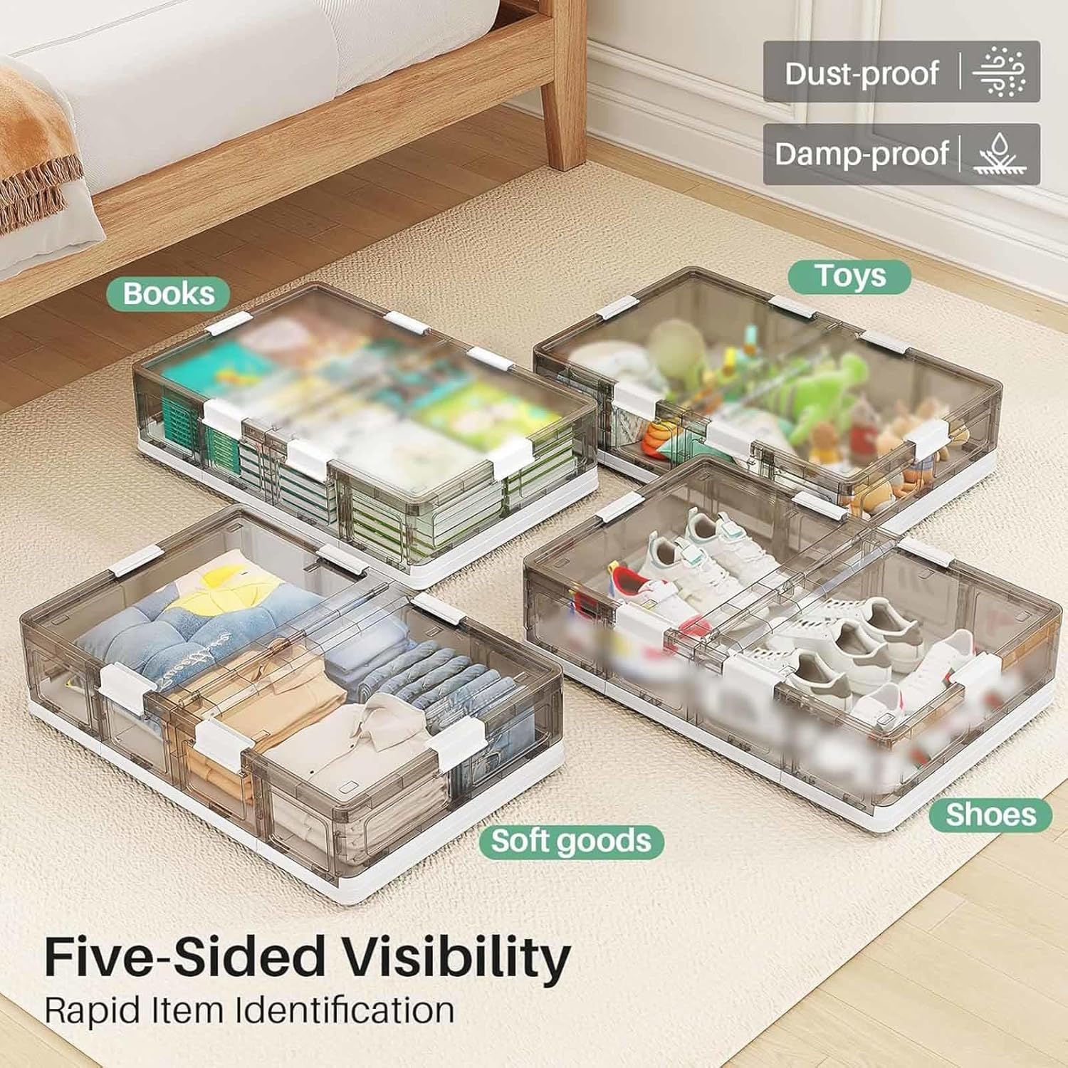 Under Bed Storage Containers with Wheels Plastic Foldable, Rolling Underbed Storage 66L Under Dorm Bed Storage for Clothes, Shoes, Toys, Books,transparent-1pack