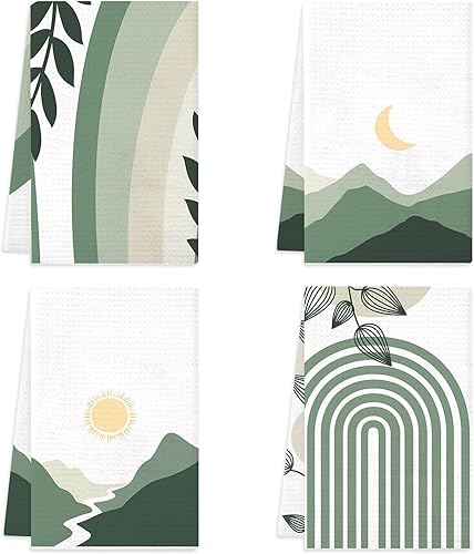 Toallas de cocina bohemias, paquete de 4 toallas de cocina bohemias con diseño de montañas ríos, paños de secado absorbentes para cocinar y hornear,