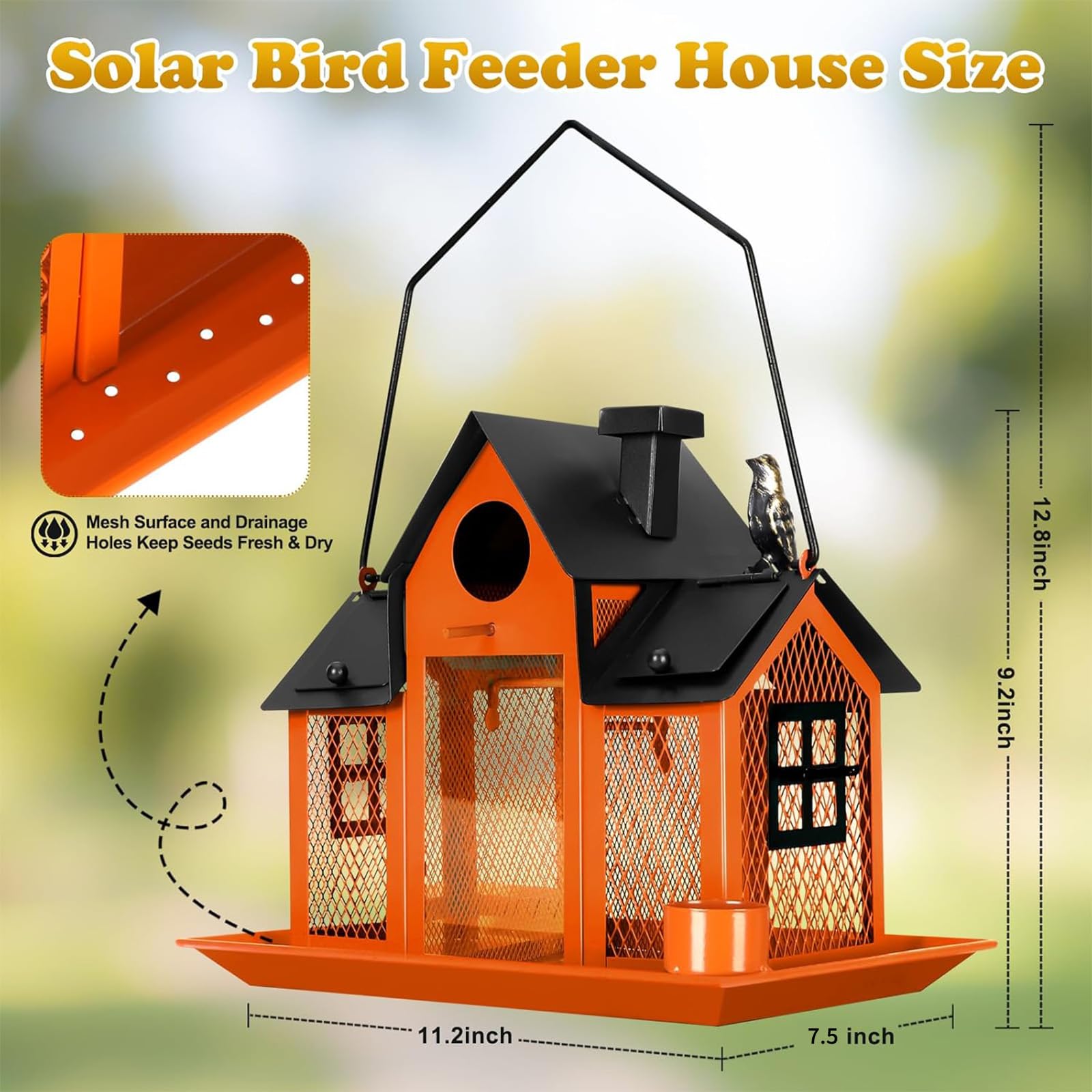 Comederos solares para pájaros para colgar en el exterior, comedero de metal para pájaros silvestres para exteriores, gran capacidad, comedero para pájaros cardenal, casas de pájaros, estación de 3