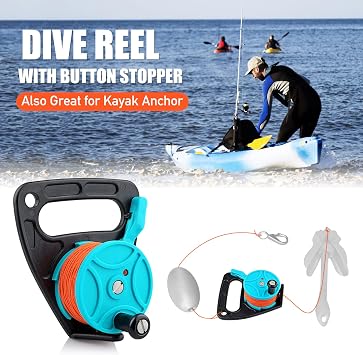 Scuba Dive Reel with Thumb Stopper and 150ft Line Blue | High-Visibility Retractable Line Finger Spool with Stop Switch for Cave Wreck Diving Kayaking Anchor and Spearfishing