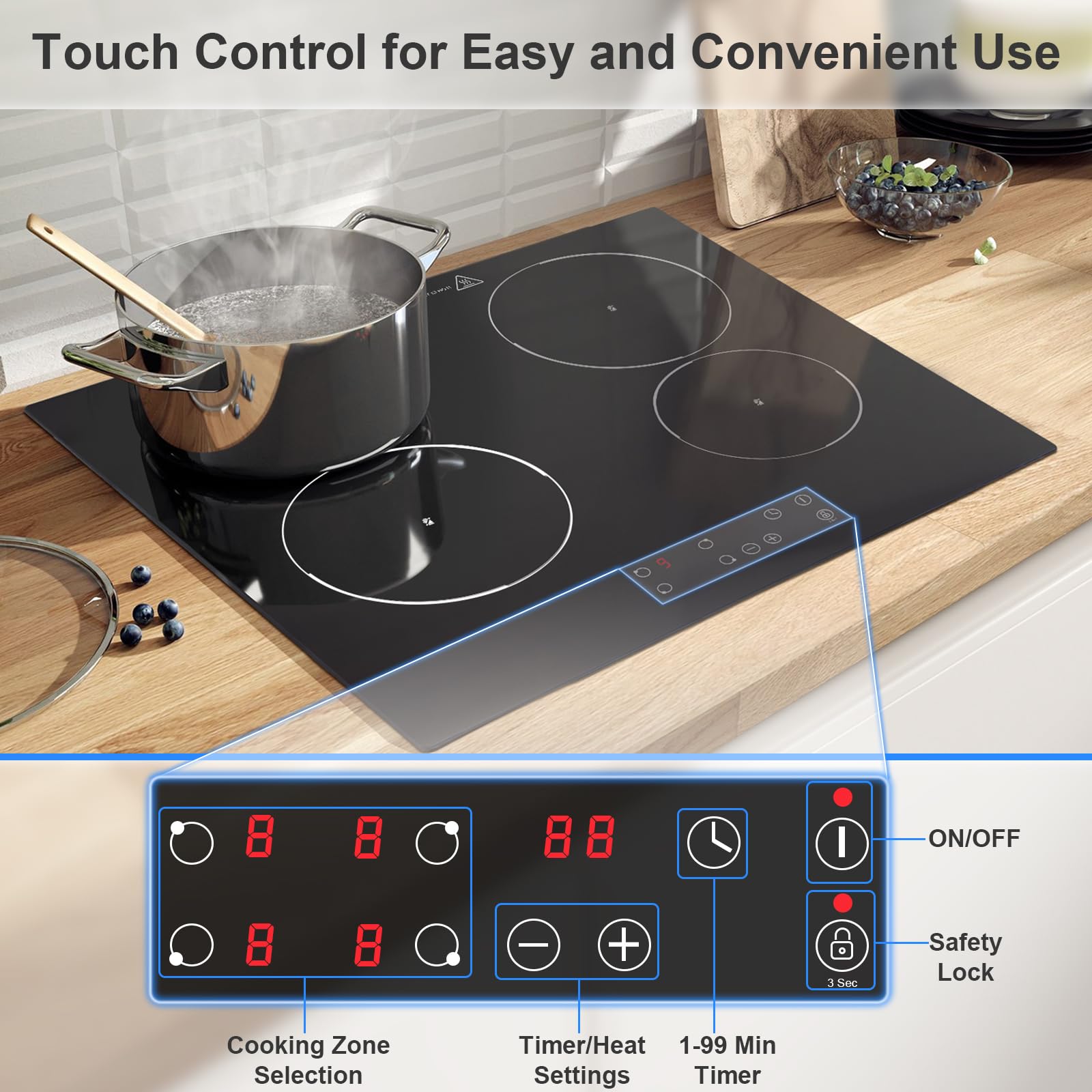 KICHPOWER Ceramic Hob 4 Burners 60cm, Built-in 4 Zone Electric Ceramic Hob, 6000W, Touch Control, 9 Power Levels, 1-99 Min Timer, Child Safe Lock, Heat Indicator, for all pots and pans — view 7