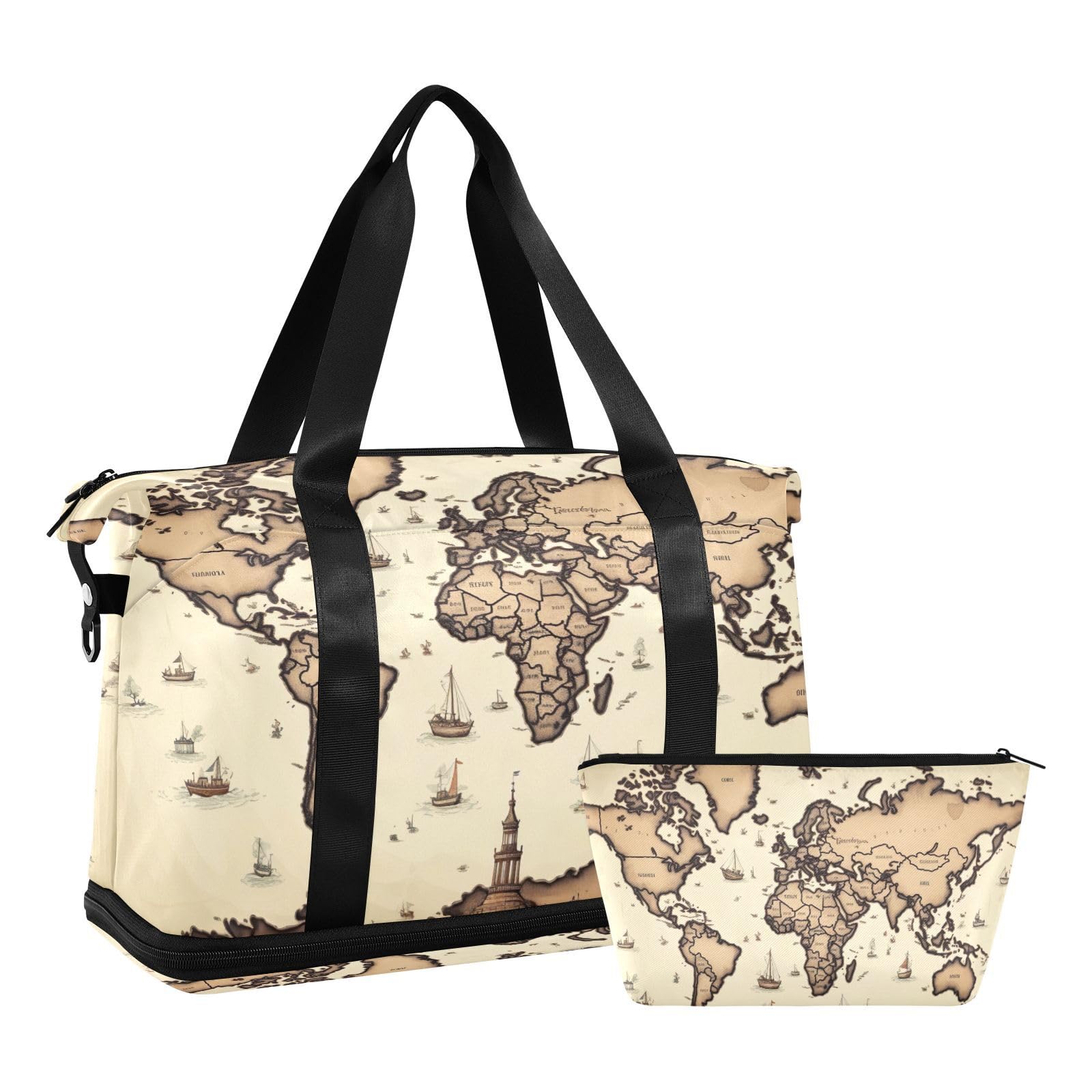 Retro World Map Duffel Bag Lightweight Carry On Gym Bags for Travel and Weekends, Versatile Overnight Bag with Shoe Compartment
