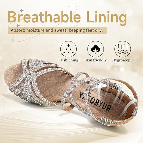 Vista 5 de Zapatos de baile latino para mujer, con diamantes de imitación, puntera abierta, para salsa, bachata, bailarina, rendimiento, modelo YC-D27, suela