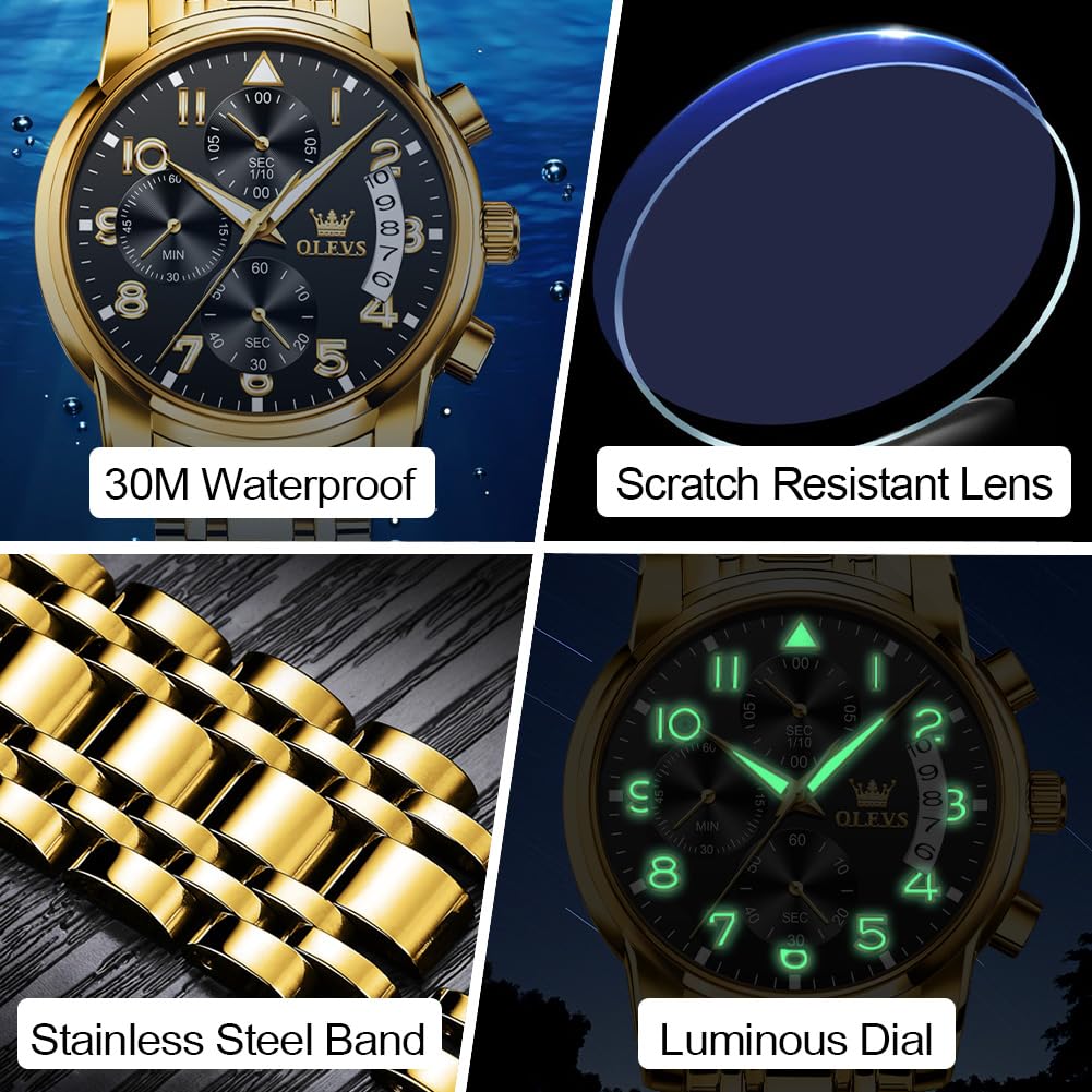 OLEVS Men's Watch, Multifunction Stainless Steel Mens Chronograph Watch with Date, Easy to Read Diamonds Arabic Numerals Dress Watches for Men, Classic Waterproof Luminous Analog Quartz Male Watch