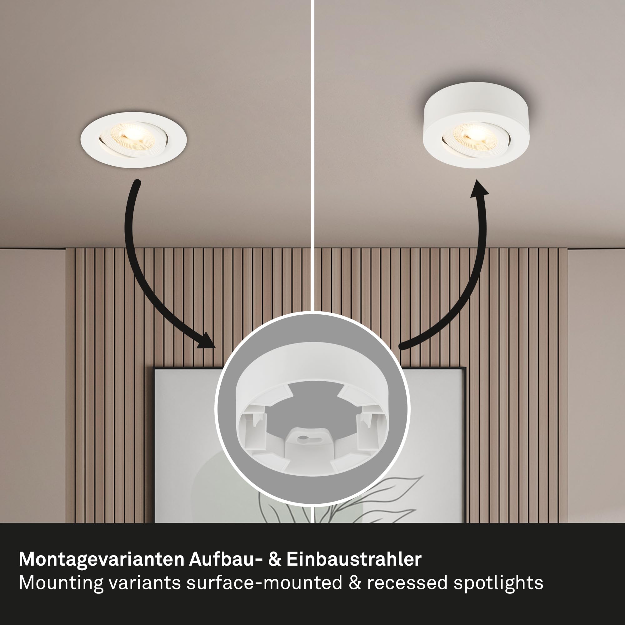 BRILONER - 2 en 1 Foco LED de superficie y empotrable, orientable, luz blanca cálida, plano, LED spot 230V, foco de techo, 68mm agujero, 90x30mm (DxH), blanco