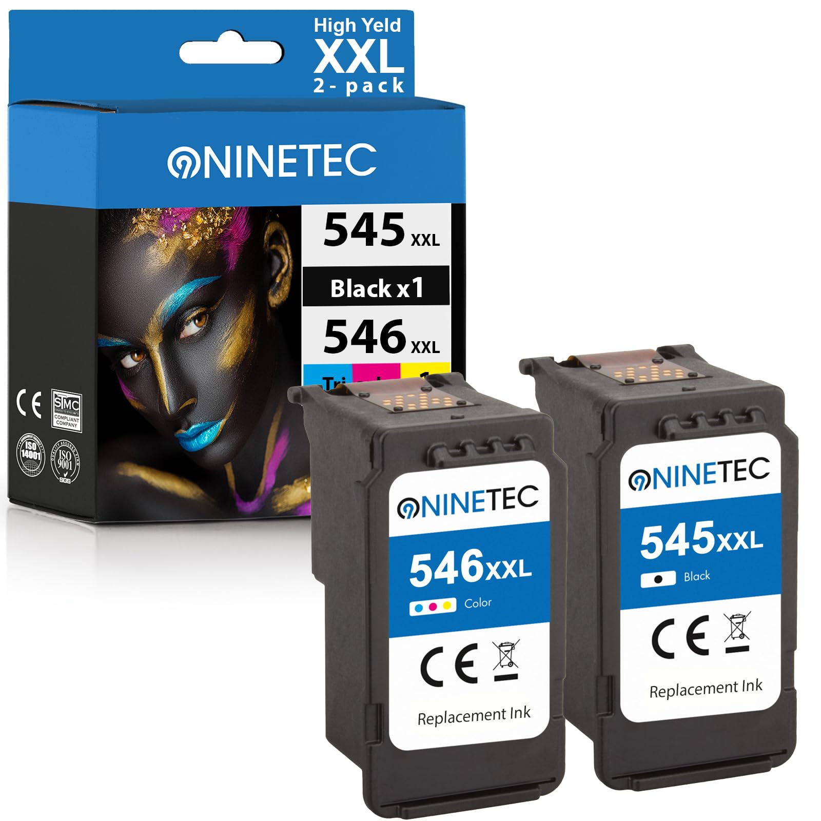 NINETEC PG-545 XL CL-546 XL czarne i kolorowe wkłady do drukarki, zamiennik do Canon Pixma TS3150, TS3350, TS3351, TS3450, TS205, TR4550, TR4650, MG2550s, MG2450, MG3050, MX495, 2-pak, aktualny CZIP