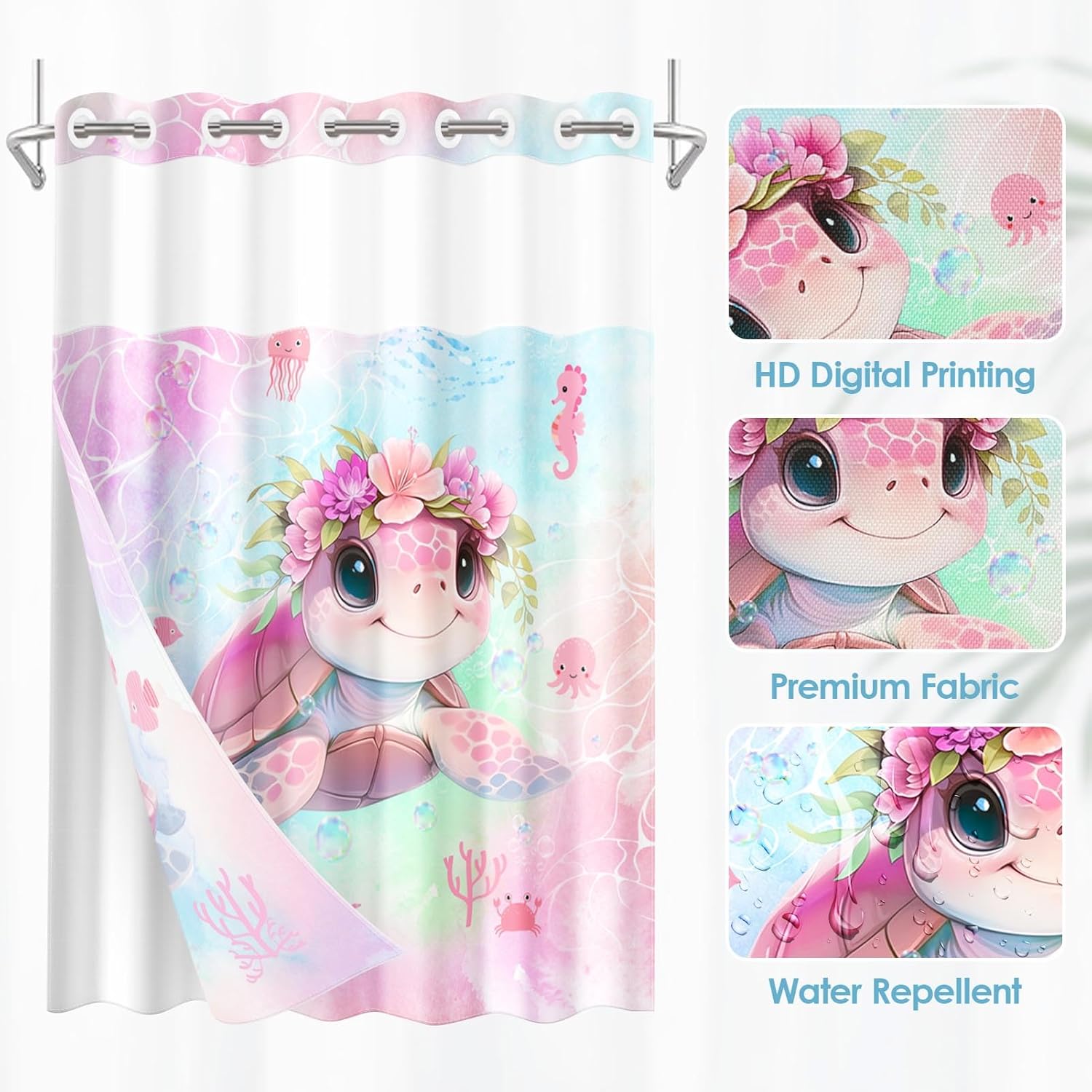 No Hook Pink Cute Turtle Shower Curtain with Snap in Fabric Liner Set, Summer Flower Girl Double Layers Waterproof Fabric with See Through Top Window Open Grommet Bath Curtain 71x74 Inch