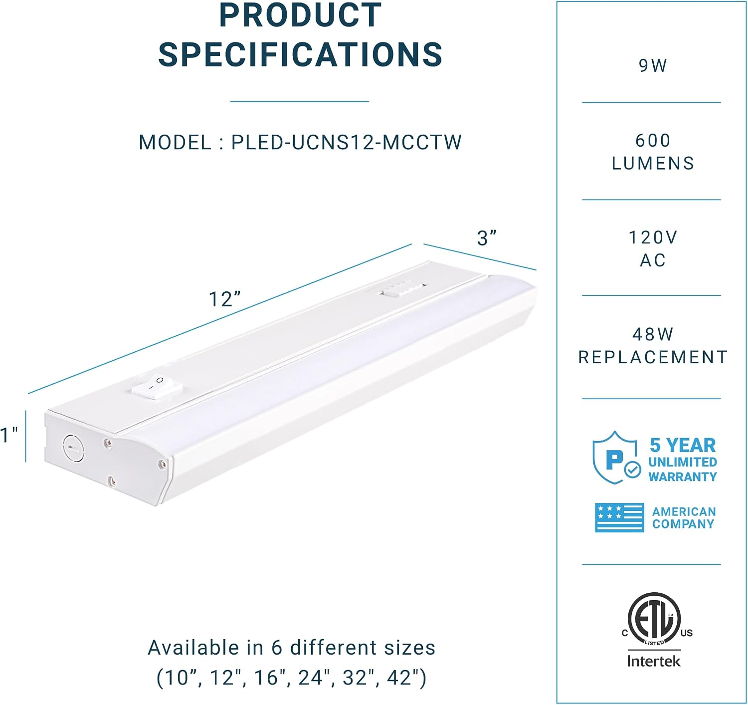 PARMIDA LED Under Cabinet Lighting, Hardwired Installation, 12 Inch, 9W, 5CCT Color Selectable - 2700K/3000K/4000K/5000K/6000K, ETL Listed, 120V, Dimmable, 600 Lumens, White Finish