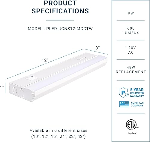 Miniatura 2 de PARMIDA - Iluminación LED para debajo del gabinete, instalación cableada, 12 pulgadas, 9 W, 3CCT seleccionable por color, 3000 K4000 K5000 K,