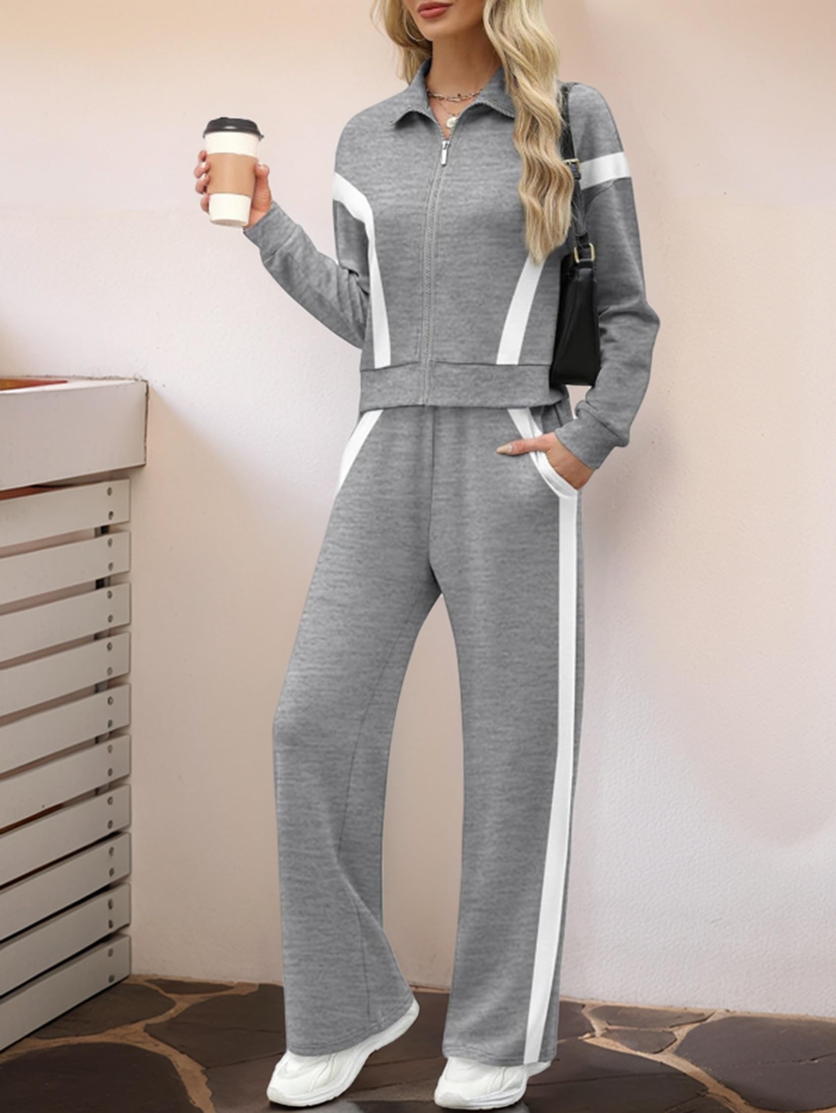 Zestawy Wypoczynkowe dla Kobiet: Dwuczęściowy Dres, Bluza, Spodnie Dresowe z Szerokimi Nogawkami i Pasujący Zestaw Dresowy Ciemnoszary XL