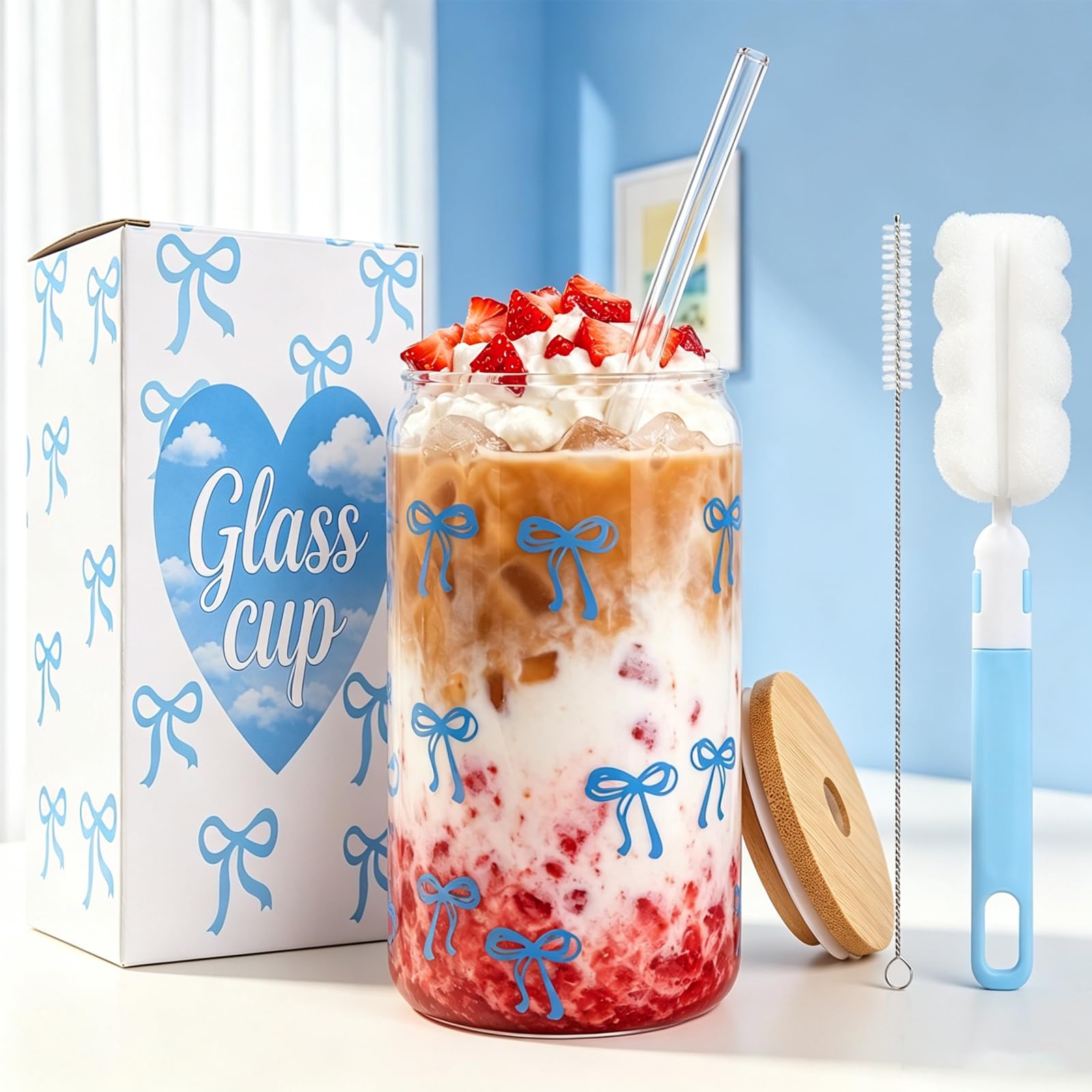 ToKinCen Bow Glass Cup, 16 oz Bow Iced Coffee Glass Cups with Lids and Straws and Cleaning Brush, Pink Cute Bow Glass Cups for Women Girlfriend Wife โ image 1
