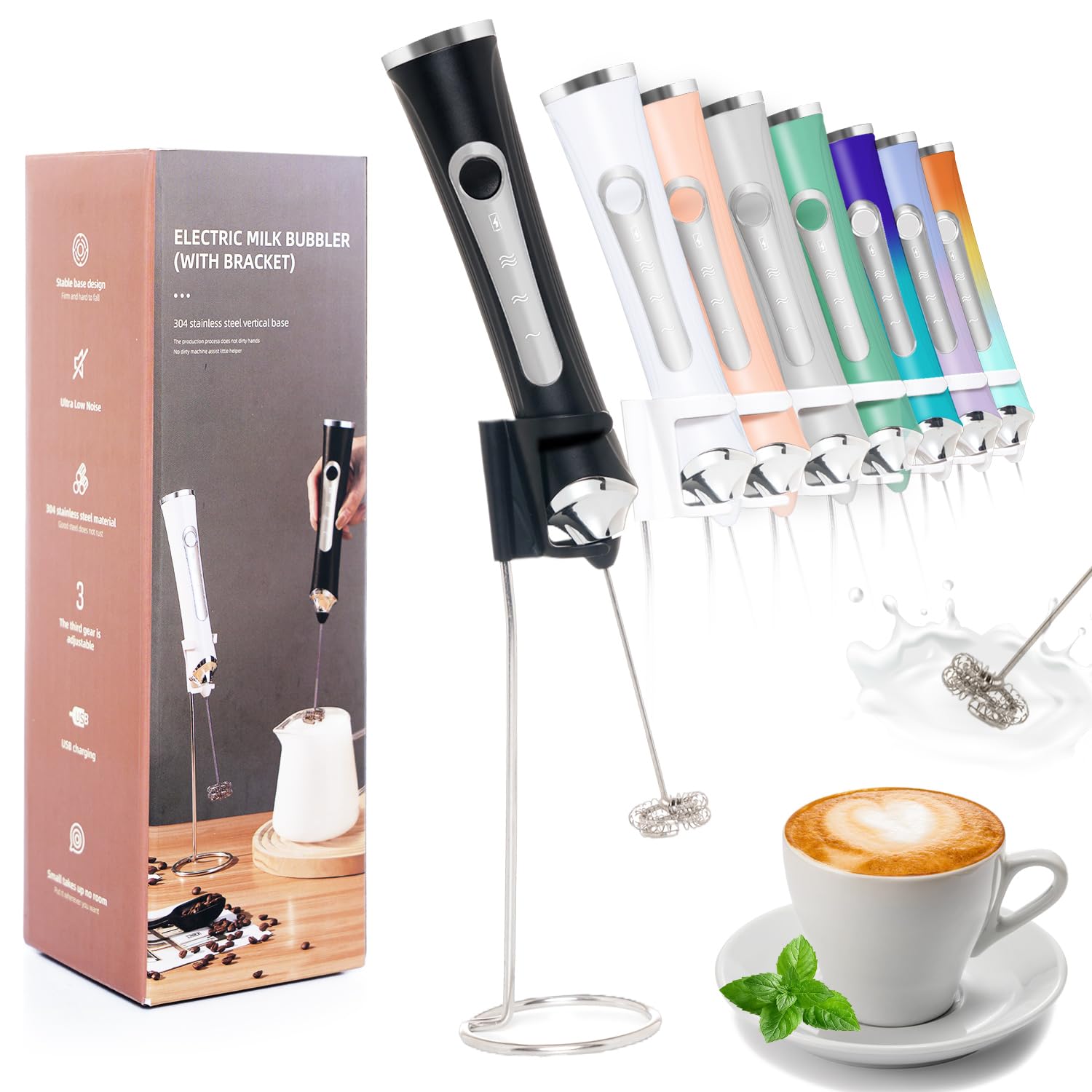 Rechargeable Milk Frother Handheld For Coffee 3 Speeds Frother Wand With Stand Batidora De Mano Electrica Coffee Frother