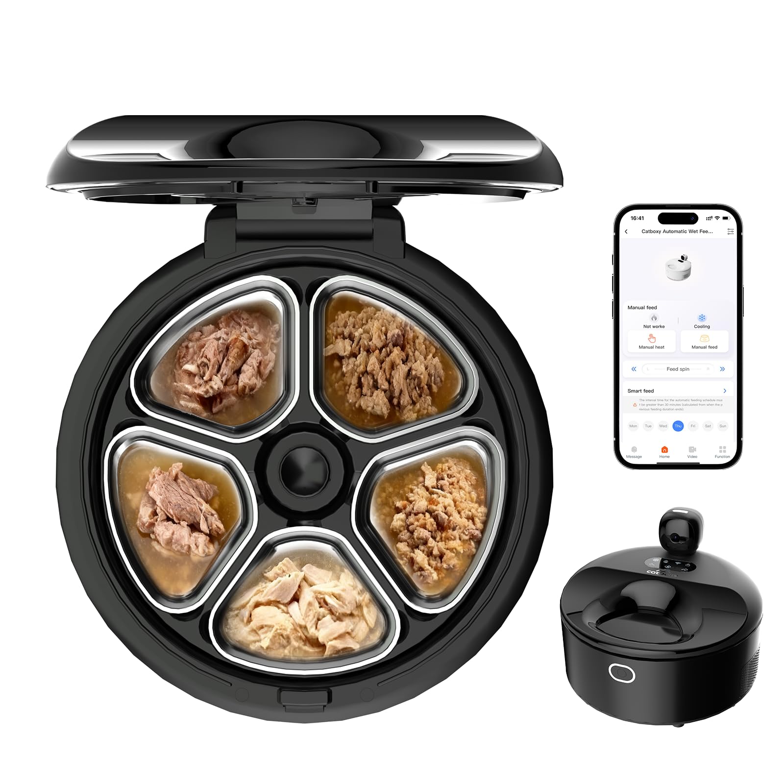 Cayboxy - Comedero automático para gatos con control de alimentos húmedos, dos en uno, refrigerado automático para gatos con refrigeración semiconductora, 5 comidas frescas, controlado por aplicación