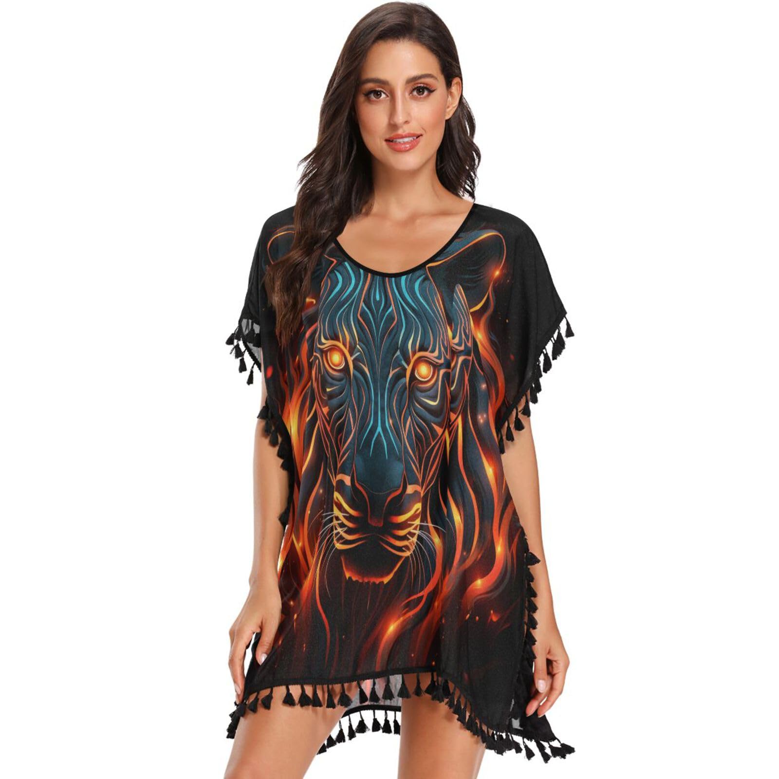 Fire Animal Art Zebra Women's Beach Cover Up Chiffon Tassel Swimwear Swimsuit Coverups for Girl