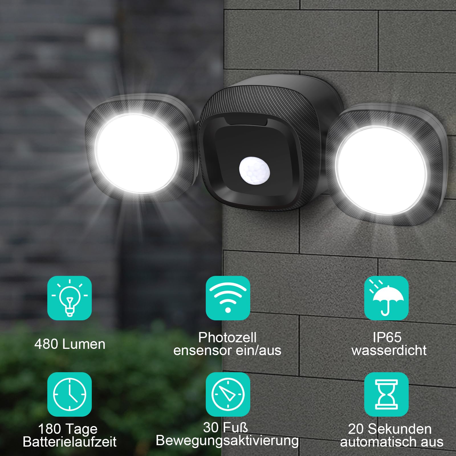 Toowell 2 pezzi rilevatore di movimento per esterni, batteria per esterni, con sensore di movimento, batteria per esterni, lampada da esterni, impermeabile, per giardino, garage, veranda