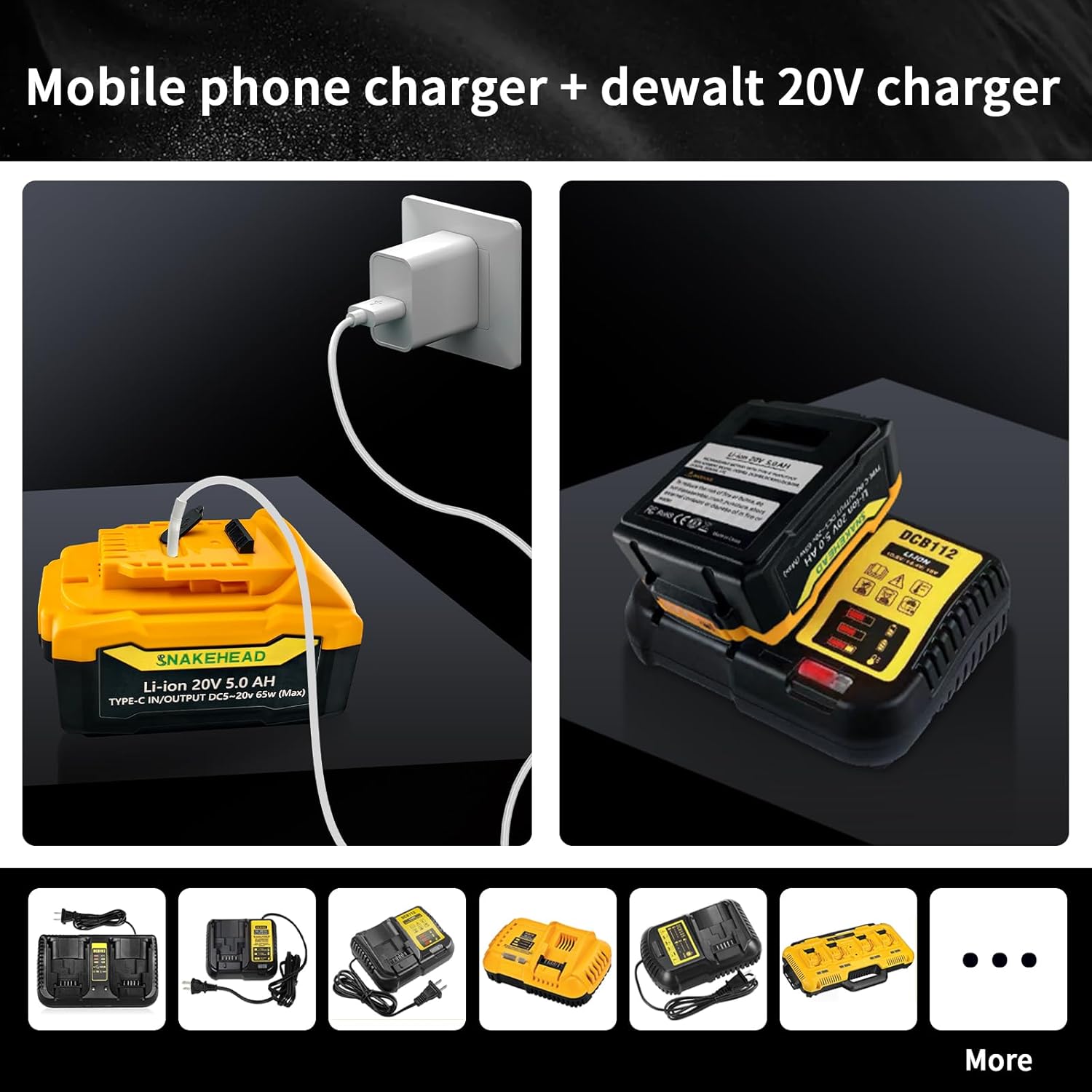 SNAKEHEAD 1-Pack DCB205 20V Max 5Ah Battery Compatible with Dewalt 20V Power Tool,fits DCB200，DCB204，DCB205，DCB206,Power Bank (Type-C) + Free 1-in-3 Cable