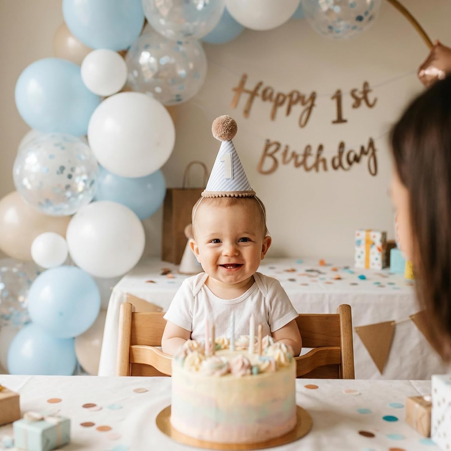 First Birthday Party Crown Hat One Year Old Cake Smash Cap Boho Decorative Party Headwear Blue Khaki Stripes Embroidered Crown Hat Photo Prop for Boys Girls First Birthday Celebration