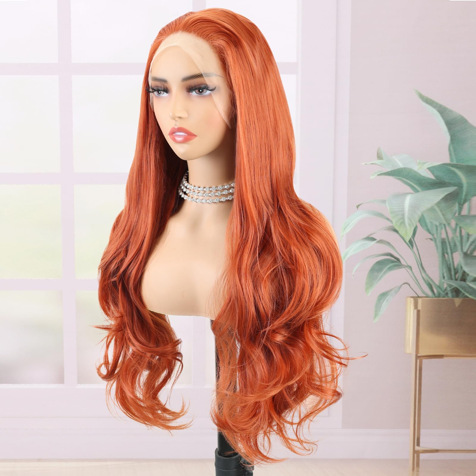 Creamily Orange Lace Front Wig Long Wavy Synthetic Wig Silky Heat Resistant Glueless 13x3 Synthetic Lace Front Wigs Natural Hairline for Women - Image 2