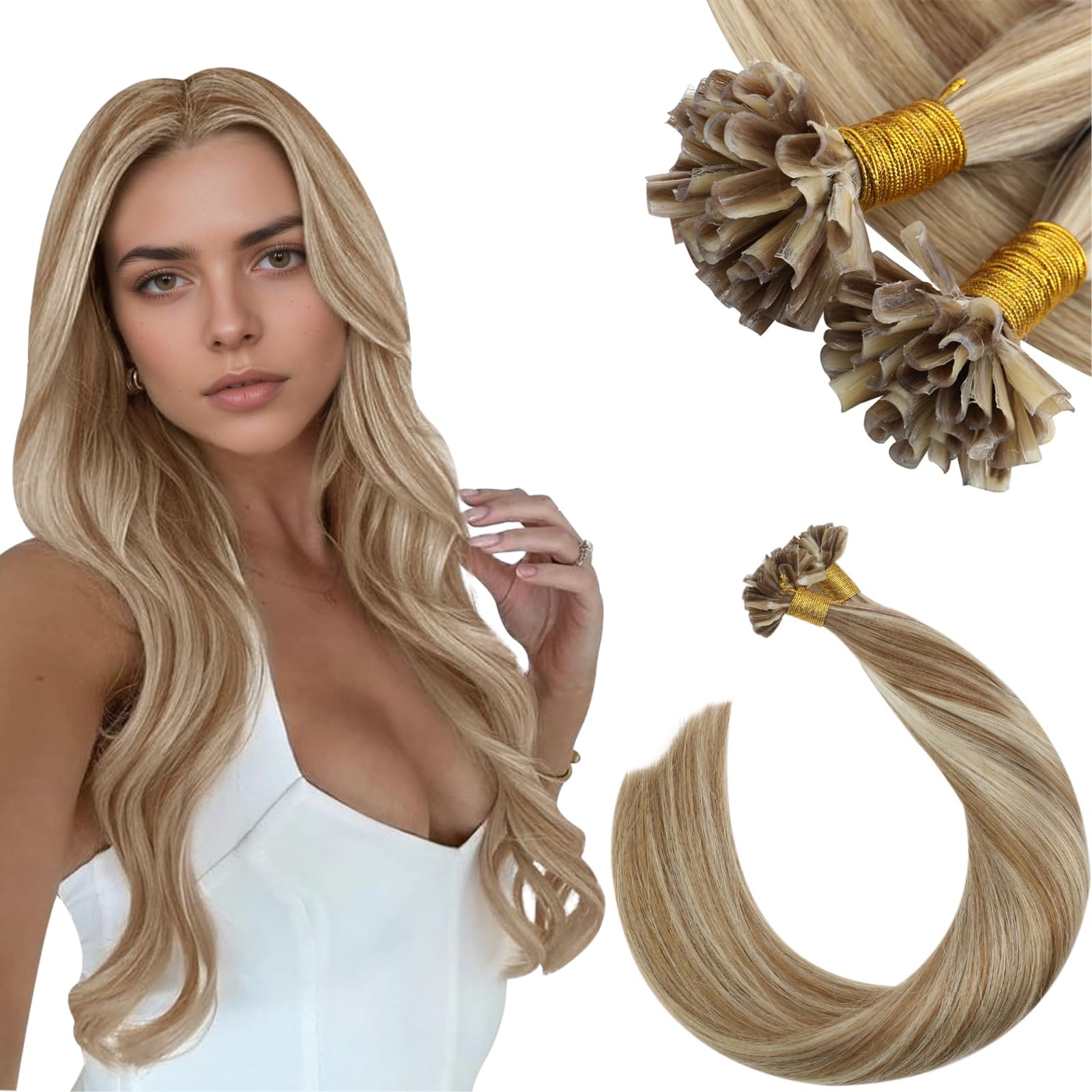 Ugeat Przedłużanie Włosów Keratyna Utip, Włosy Ludzkie, Pasemka Złocisty Brąz, 50cm 50 sztuk 50g, Przedłużanie Włosów U Tip Platynowym Blondem, Remy Naturalne Proste