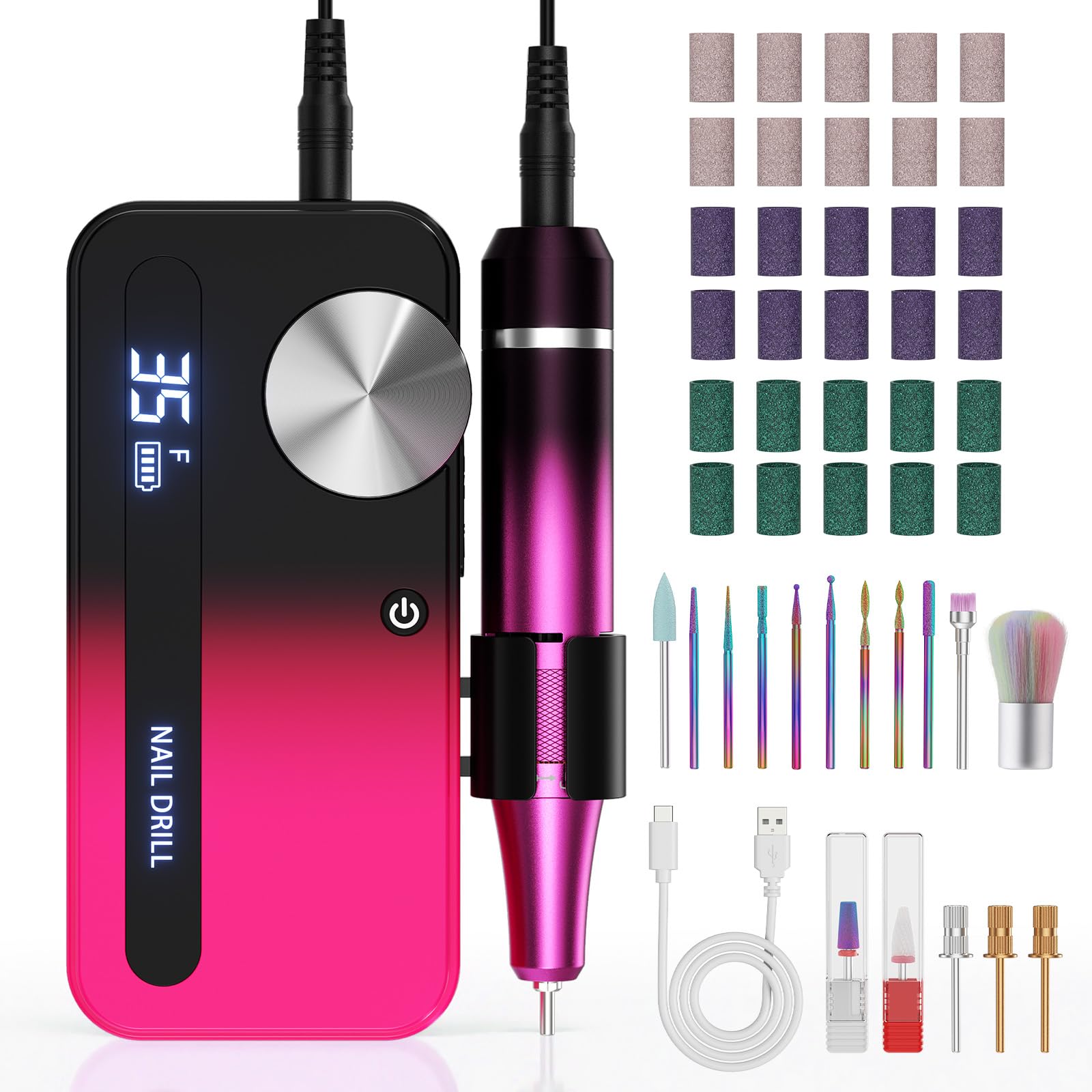 Taladro de uñas eléctrico con 12 accesorios de pulido y 30 bandas de lija, 0-35.000 rpm, set de manicura/pedicura para manicura y pedicura para cortar, limarlas, dar forma, cuidar las uñas y la
