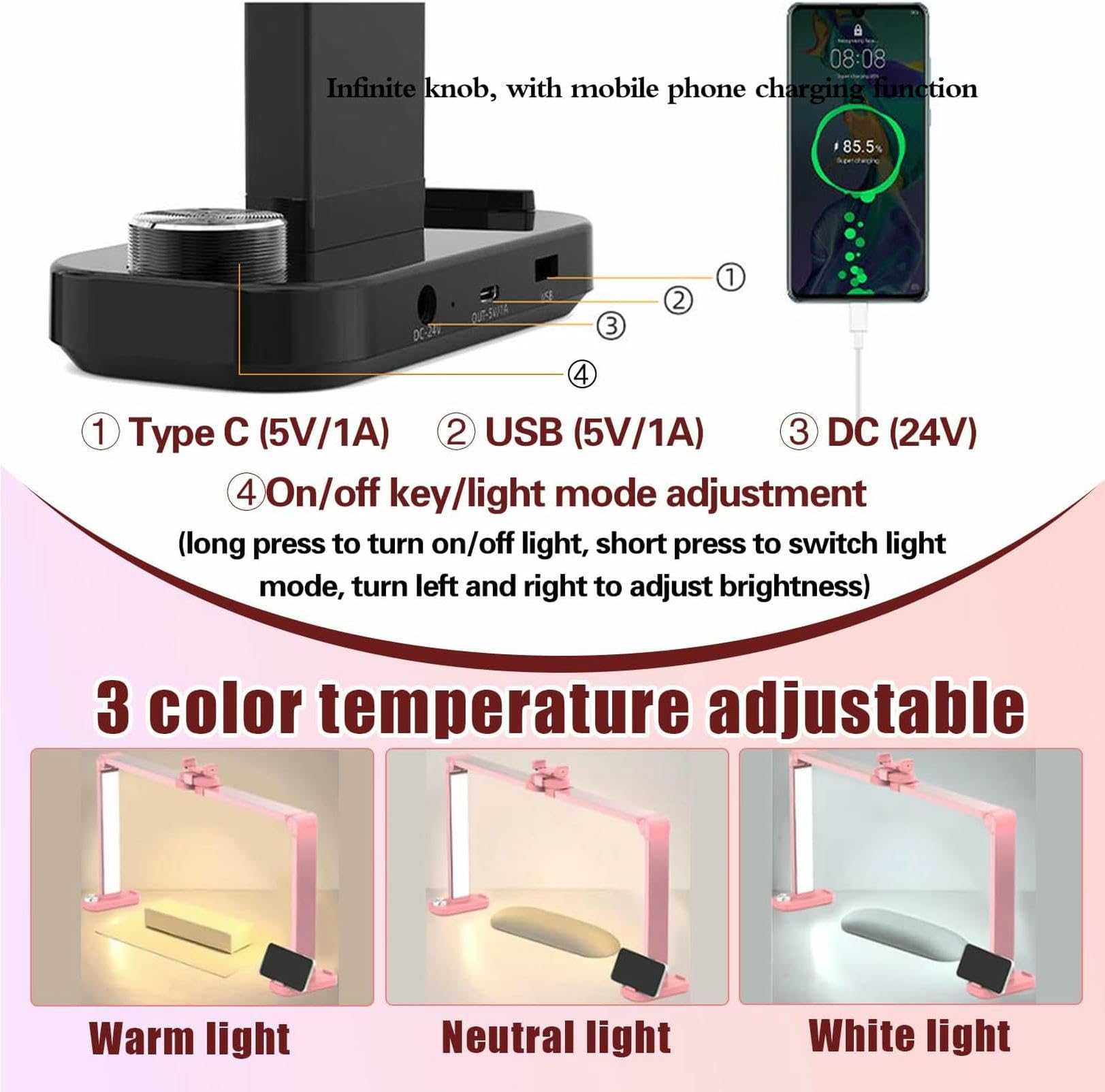 Halbmondförmige Nagel-Schreibtischlampe mit Telefonständer, Faltbare 3-farbige Nagel-Tischlampe, professionelle LED-Nageltechnik-Lampe, für Maniküre-Licht für Schönheit/Tattoos/Wimpern