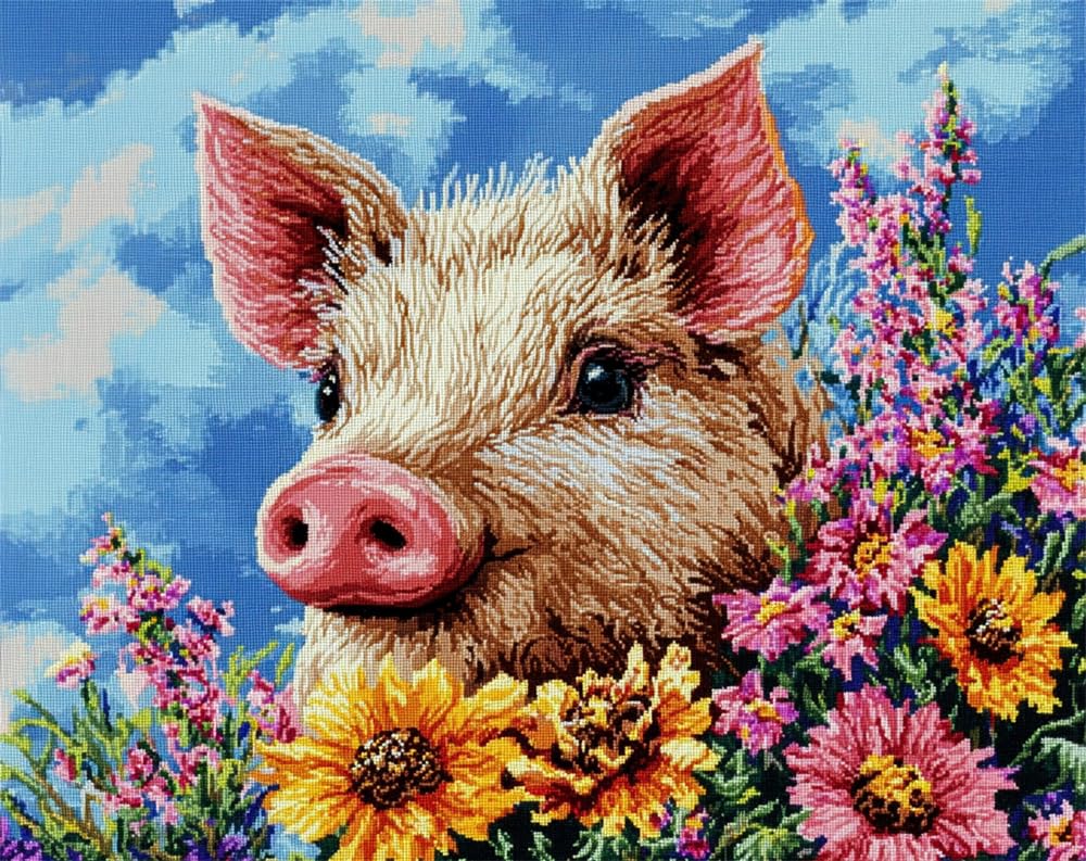 Henypt Counted Cross Stitch Kit for Adults Pre Printed, Cute Pig and Flowers DIY 11Ct Embroidery Sewing Starter Kit Stamped Needlework Easy Beginners (Stamped Home)