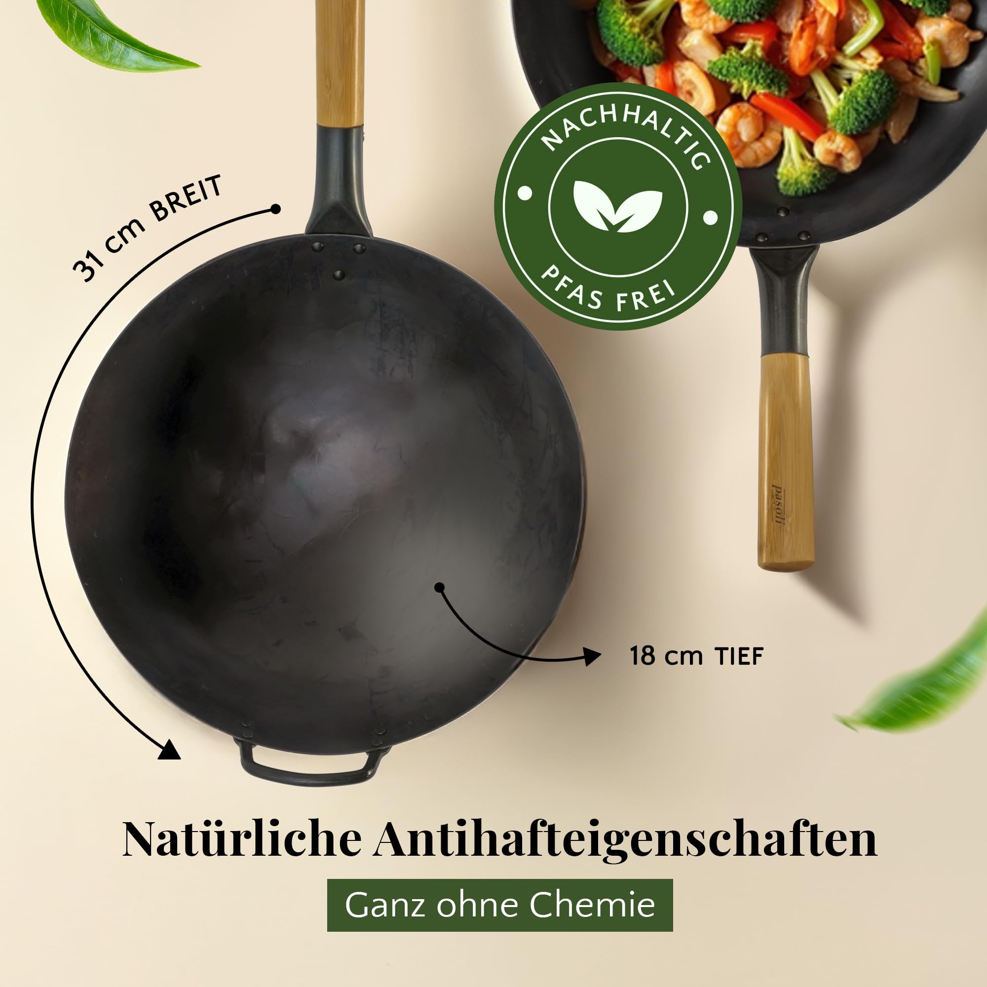 pasoli wok | PRECONDIZIONATO | fondo rotondo | Per la stufa a gas o la griglia | Diametro 30 cm | wok in acciaio al carbonio martellato tradizionalmente a mano | strato antiaderente naturale