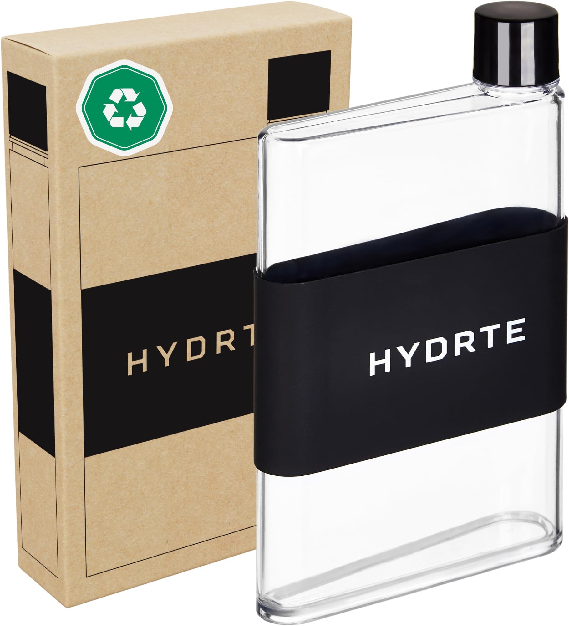 HydrteThe Flat Water Bottle | Leakproof Flat | BPA Free Plastic | The Ultimate Handbag Thin | Fits Into Any Bag (480ml, Nero Black)