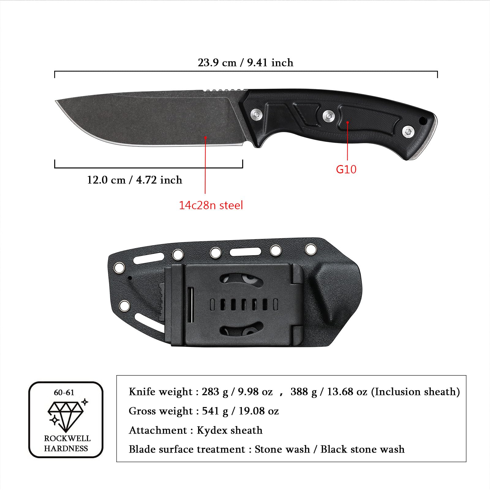 SDOKEDC Knives 14C28N Steel Tactical Fixed Blade Knife with kydex sheath G10 Handle for Men EDC Outdoor Camping Survival Hunting (Black Stone Wash+Black G10)