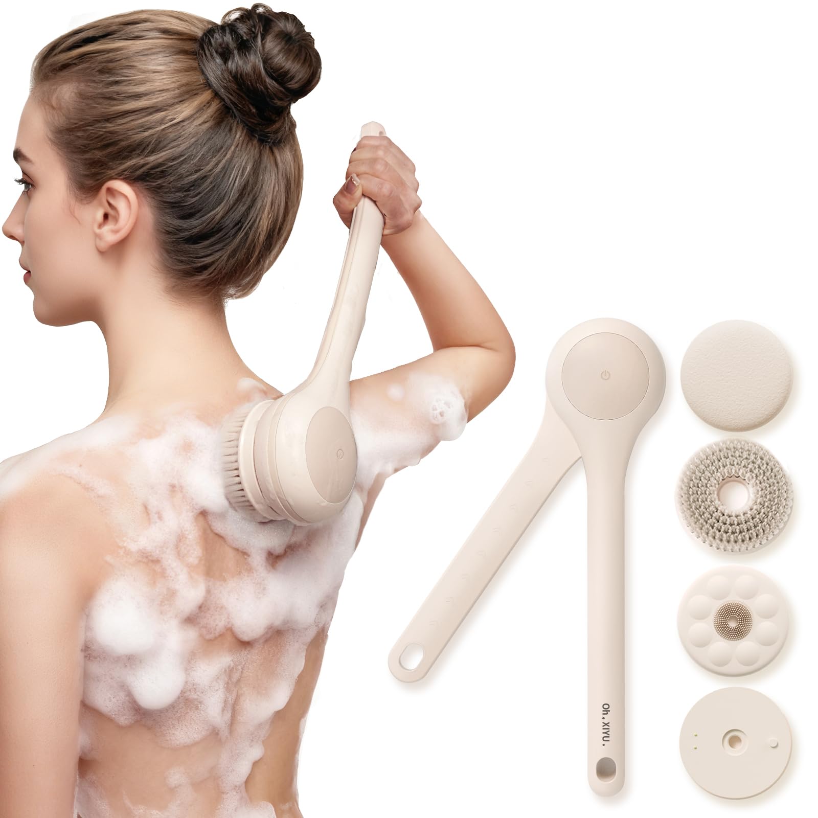Elektrische Rückenbürste, Rückenbürste Gentle Exfoliating, Aufladung Langstielige Duschbürste, Rücken Eincremehilfe für Women Men Senioren, Deep Cleansing for All Skin Types, Good Foam - Rosa